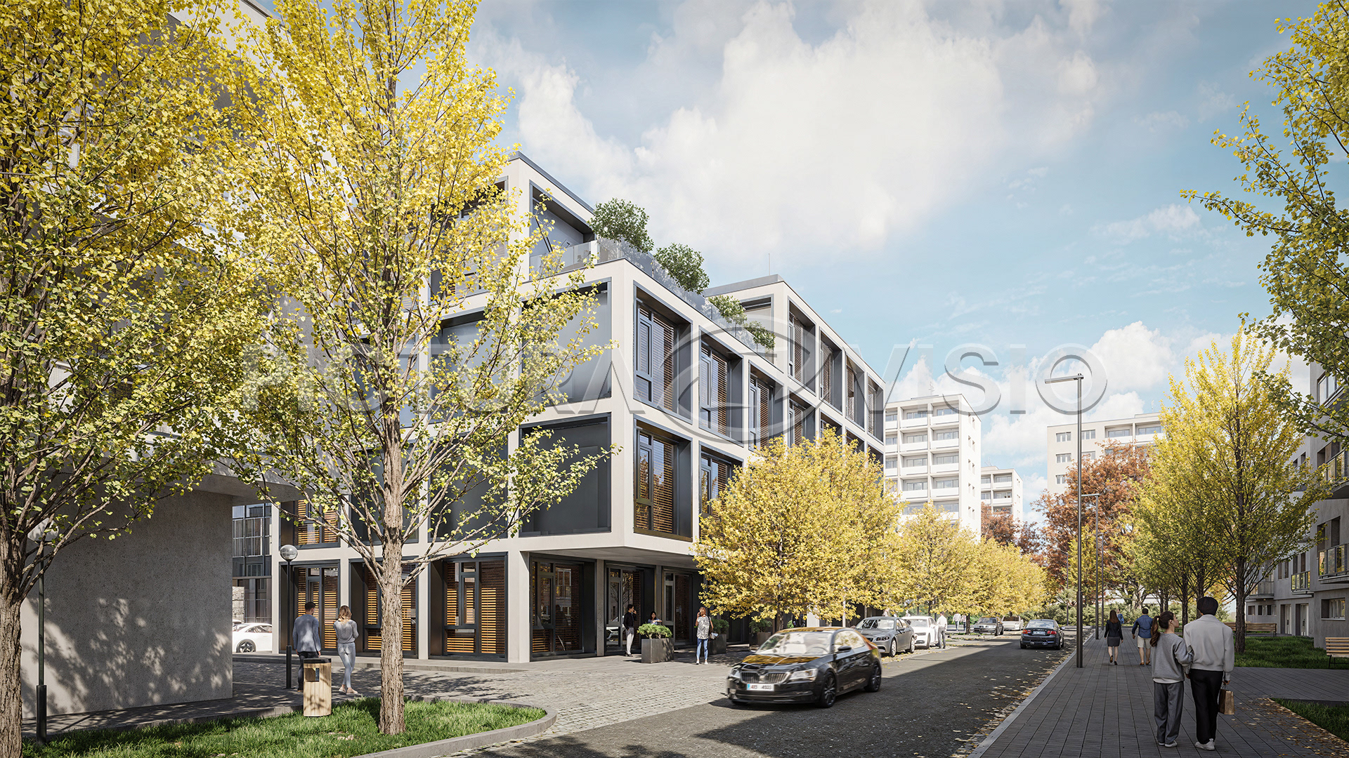3D vizualizace administrativní budovy v Ostravě z ulice u vjezdu, zdůrazňující podzimní atmosféru a praktické řešení přístupu do budovy.