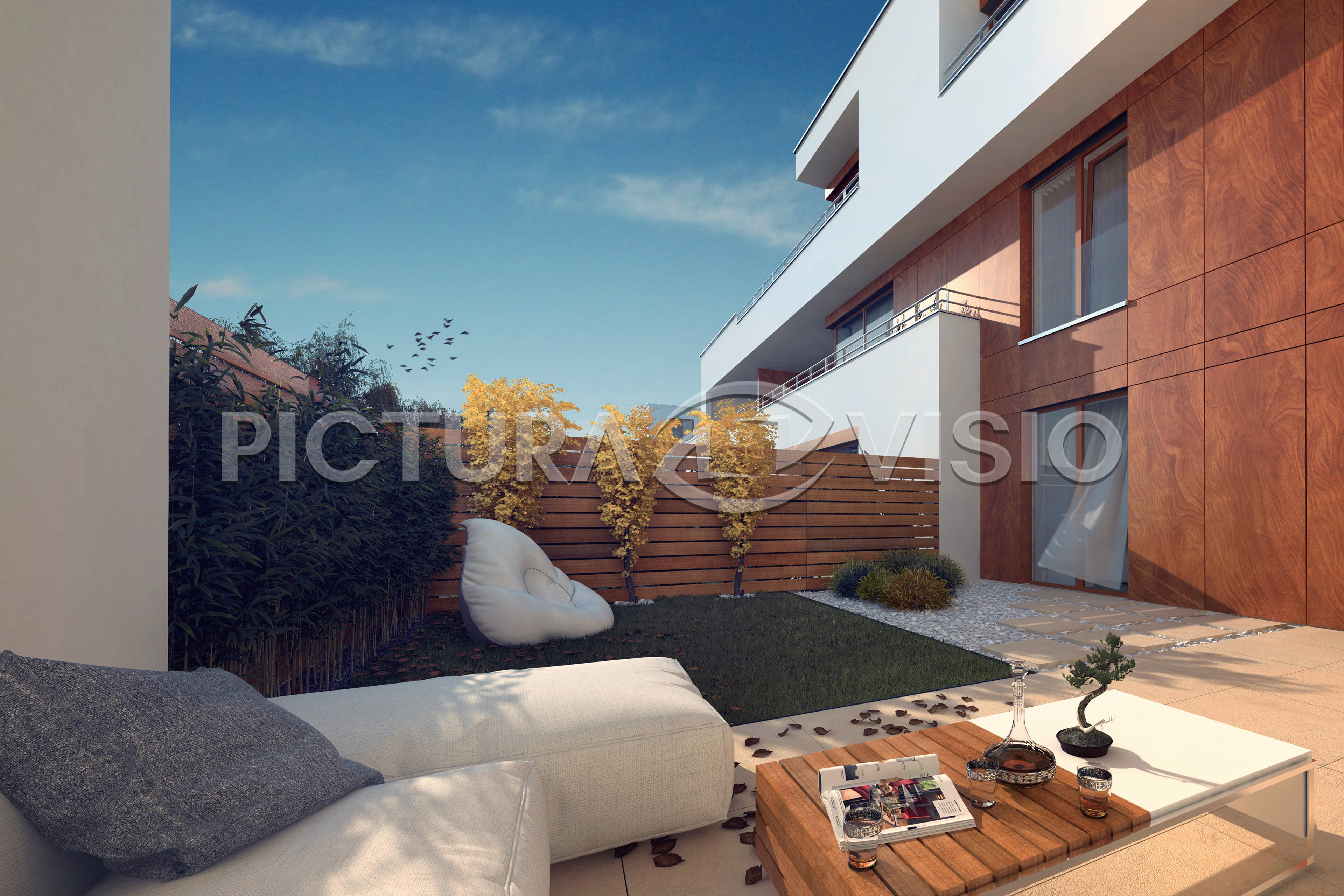 Fotorealistická 3D vizualizace podzimní zahrady v luxusní rezidenci v Brně, zdůrazňující klidnou atmosféru, estetické detaily a harmonii s okolní přírodou.