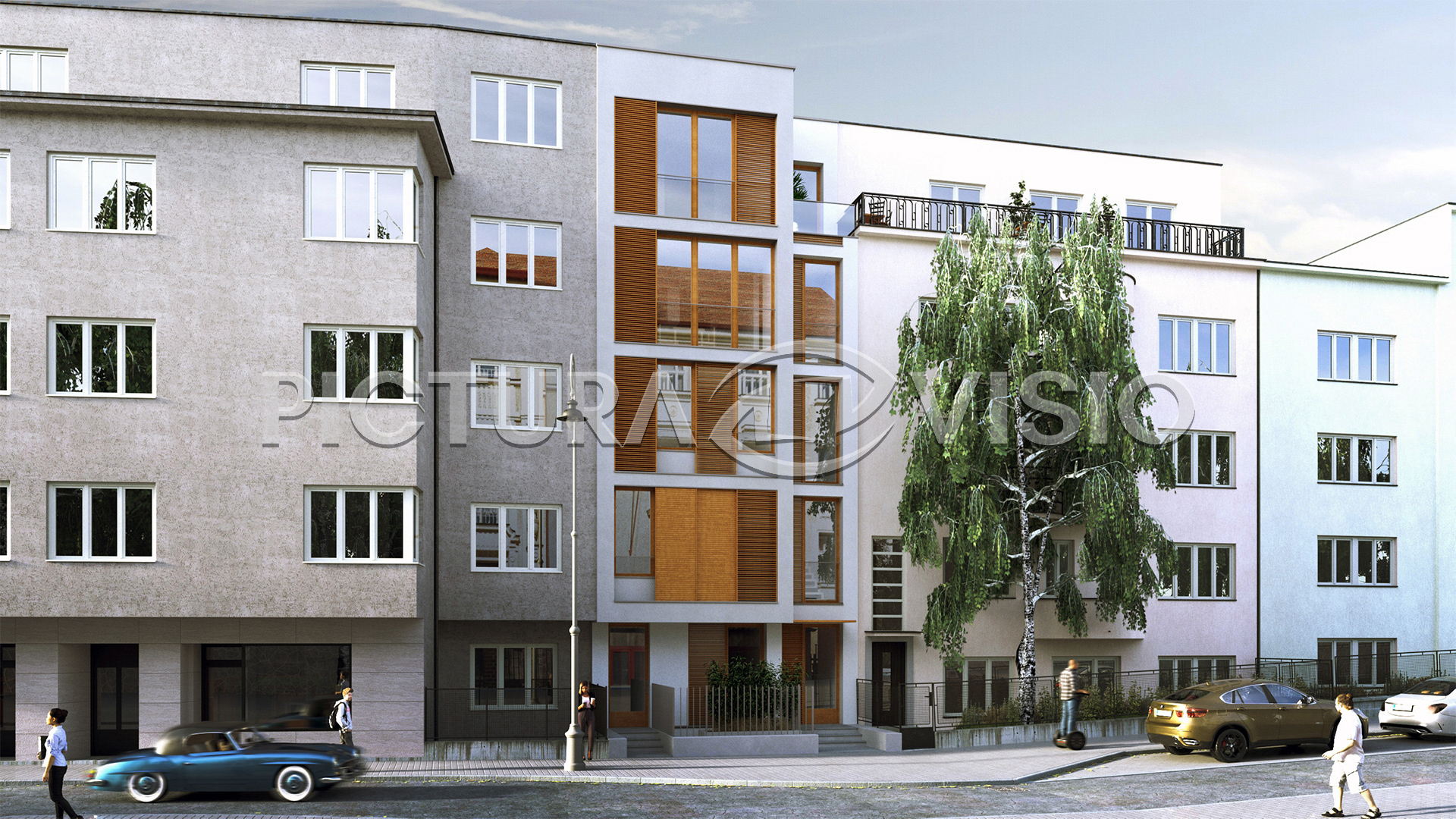 3D vizualizace bytového domu v Brně z čelního pohledu, zdůrazňující moderní design fasády s dřevěnými stínícími panely a situování budovy v úzké proluce.