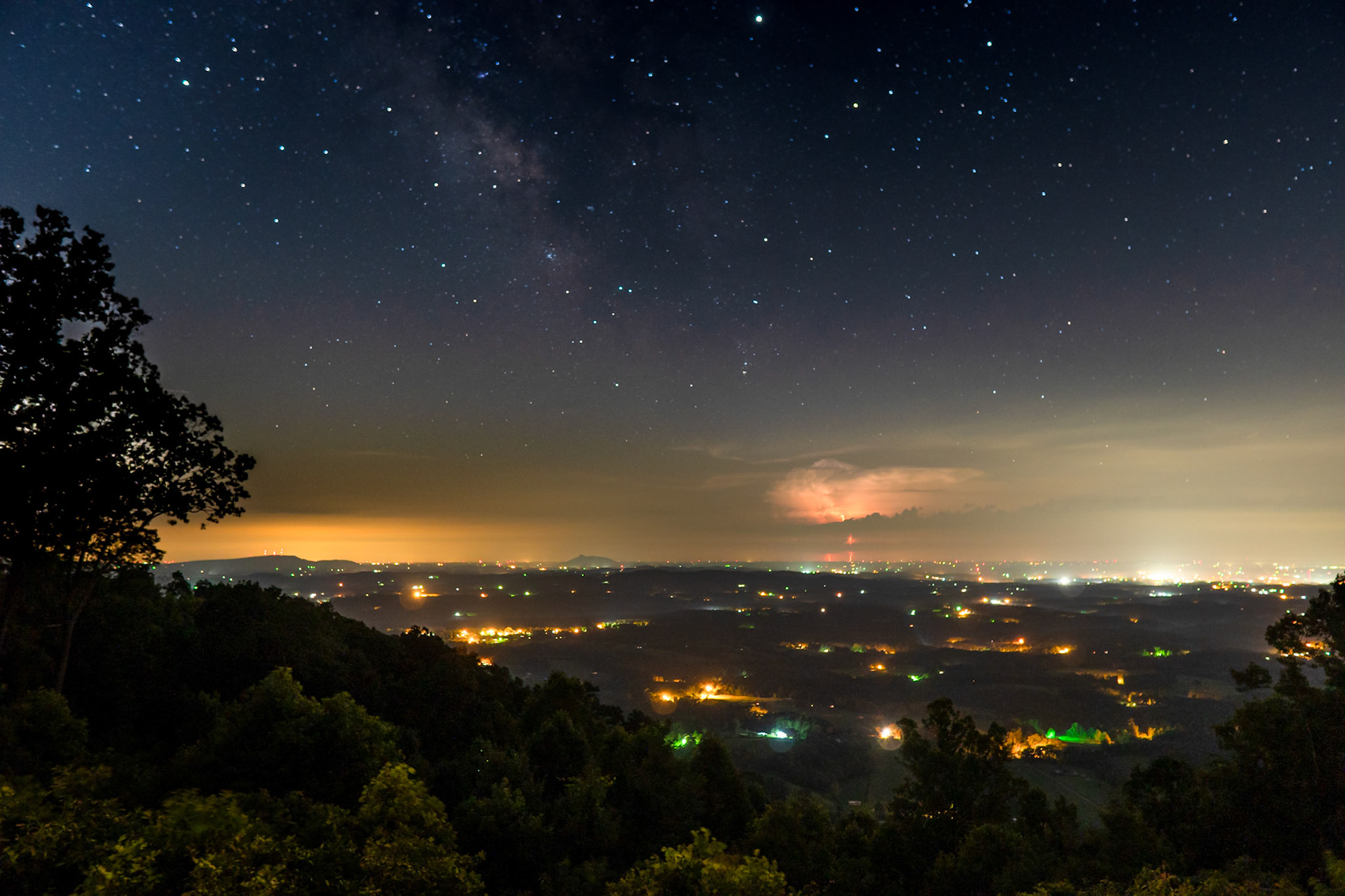 Took this from our cabin along the Blue Ridge Parkway in Virginia looking south towards Hanging Rock (far left), Pilot Mountain (center left), and Mount Airy (right).