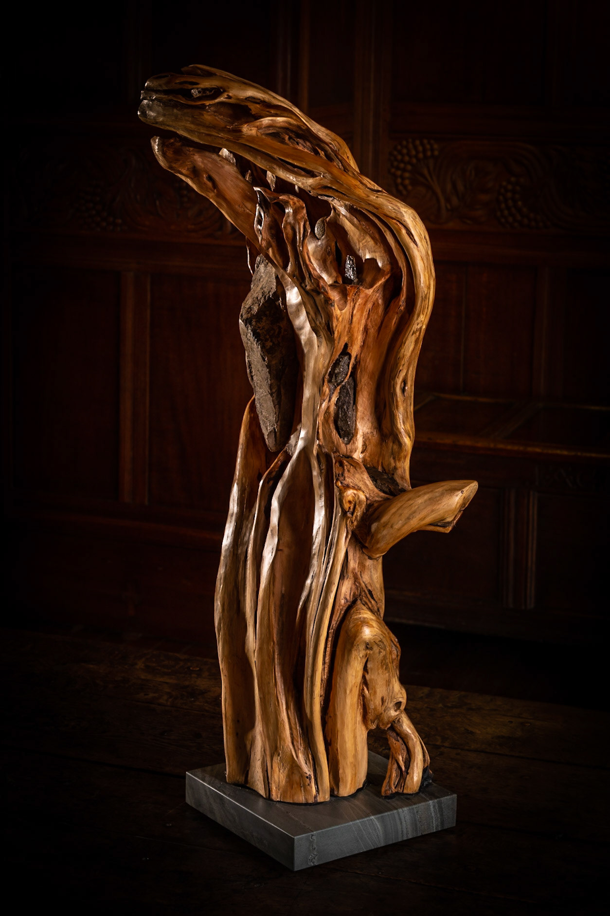 Sentinel - 90hx49wx36d (cm). Scots pine root with natural stone insertions, finished in linseed oil.