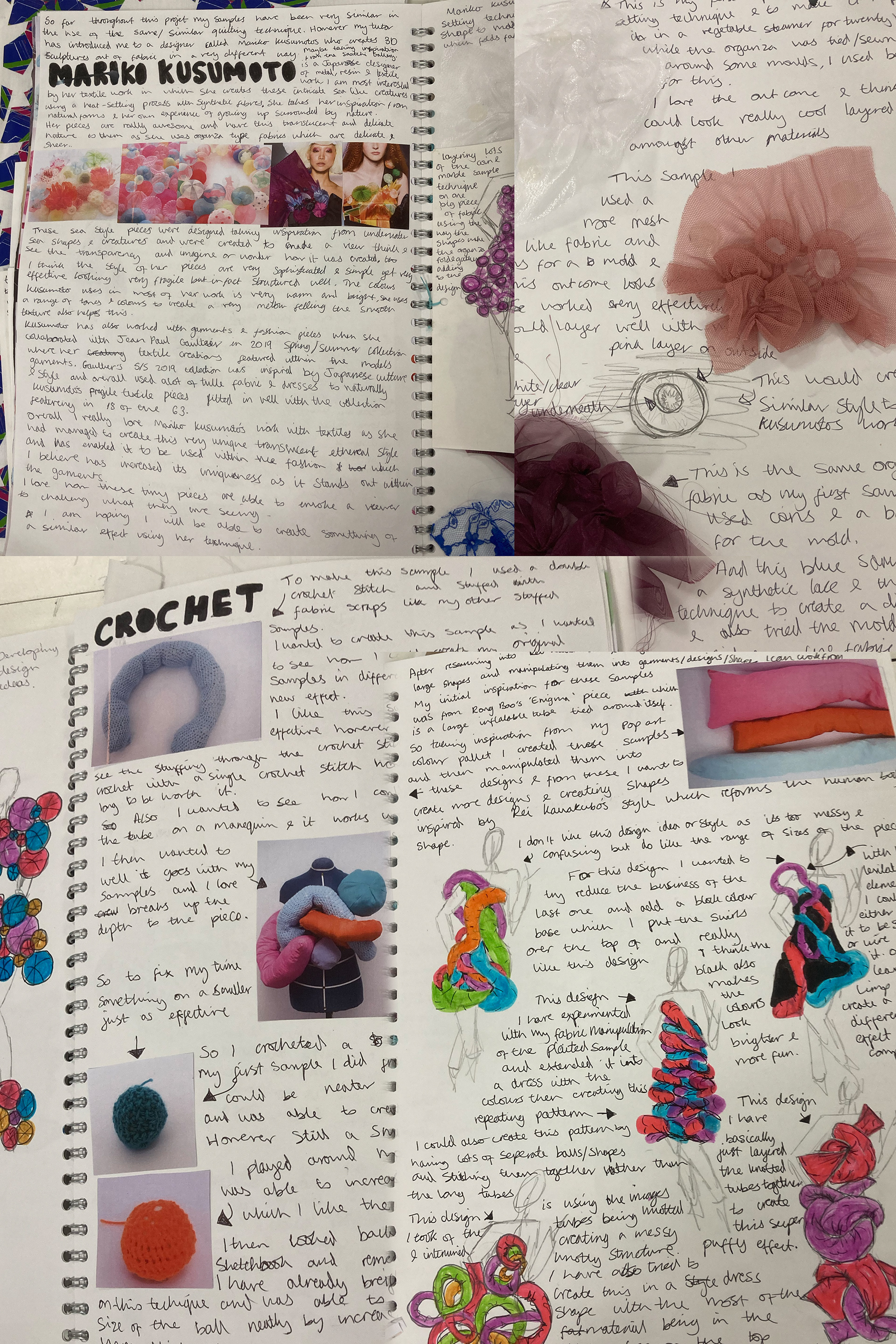 Sketch book pages experimenting with heat fusing and crochet.