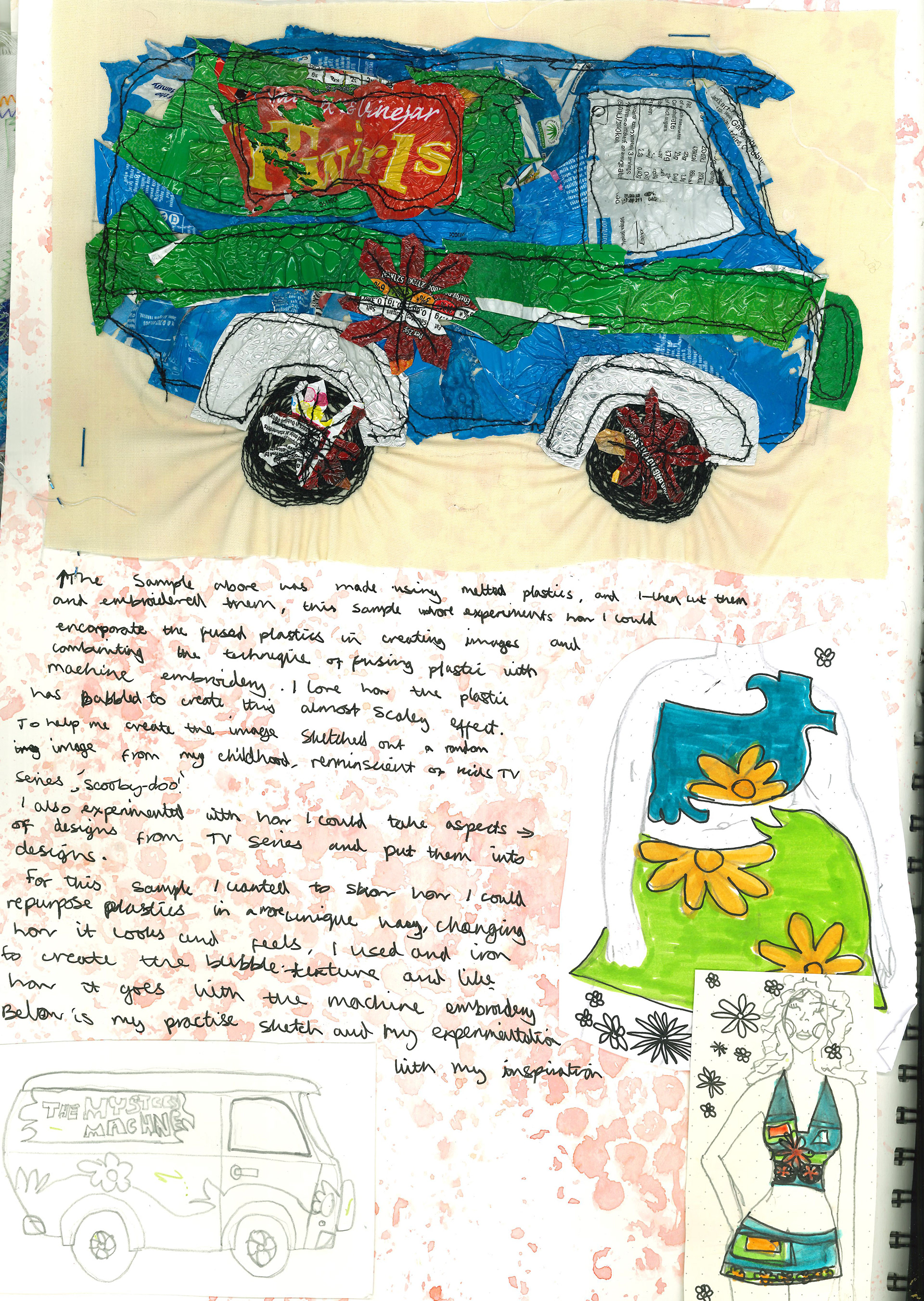 Appliqué with melted plastics samples and design sketches