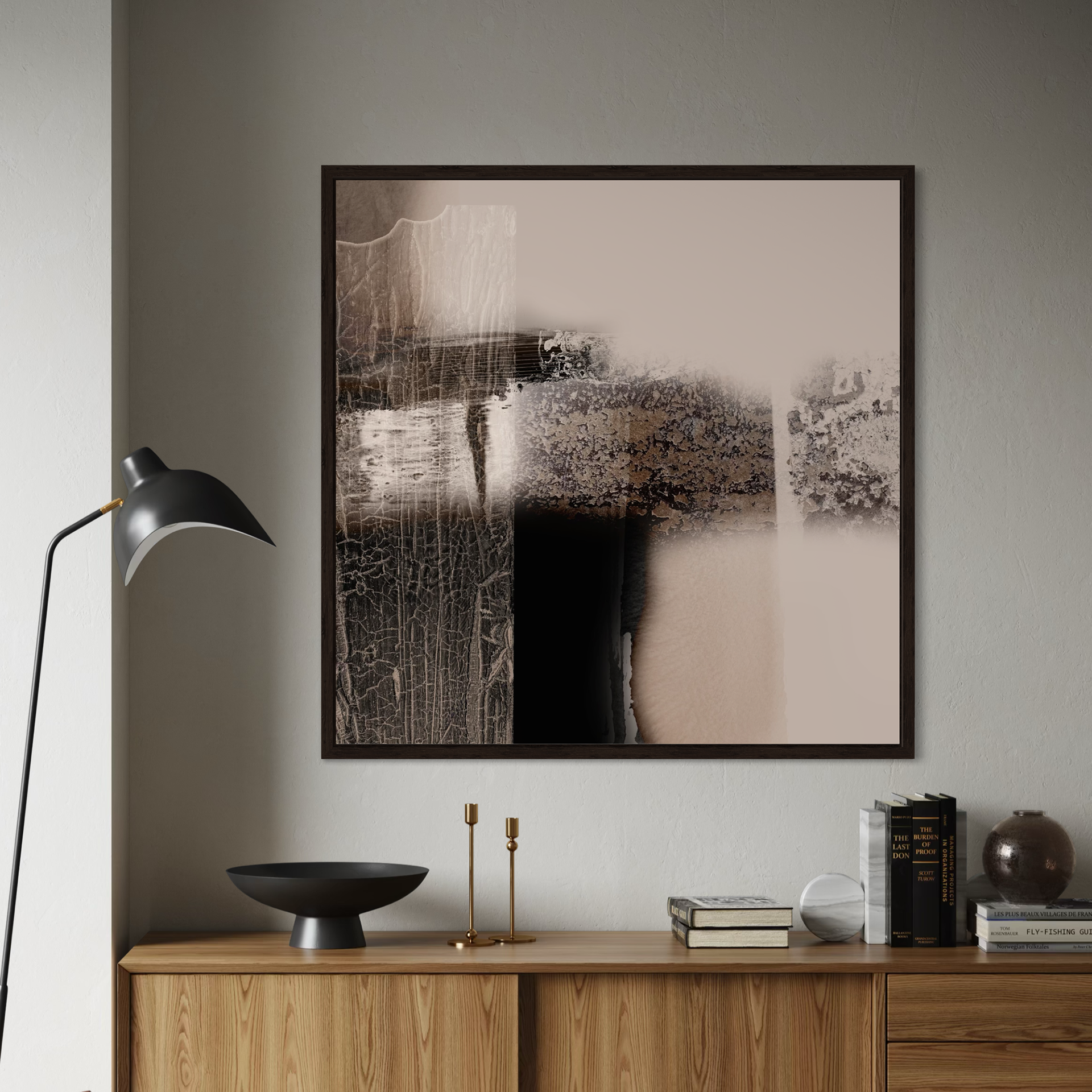 Tectonic Drift No. 1 abstract artwork from Michael Hunter’s Earthy Tones collection, displayed in a modern neutral living space with wood sideboard and minimal décor.