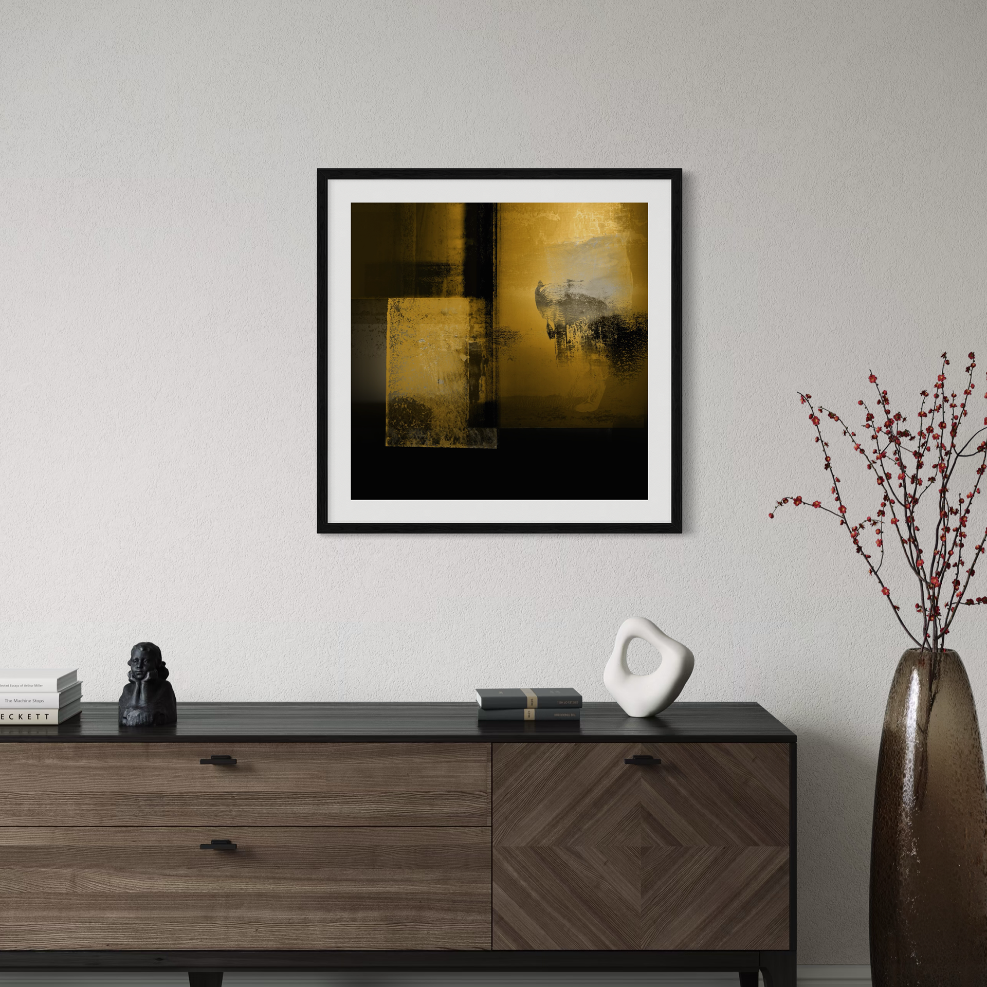 Lucent Planes abstract artwork from Michael Hunter’s Greens, Olives & Golds collection, displayed in a contemporary neutral interior with a wooden sideboard, sculptural vase, and decorative books.