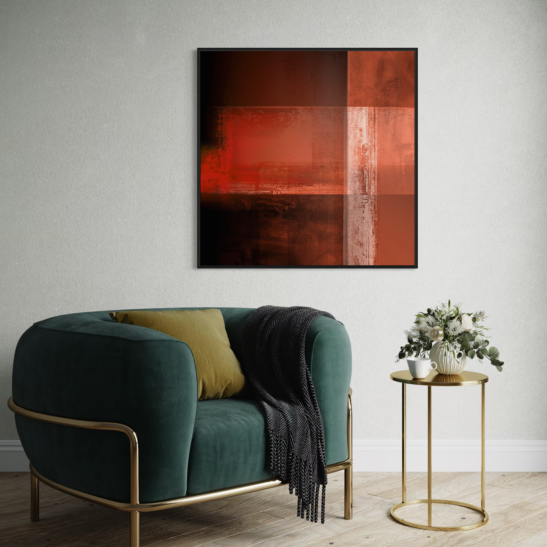 Room interior featuring Burnished Fields by Michael Hunter — a digital abstract artwork in burnt orange and rust tones, framed on a neutral wall above a dark green velvet chair with gold detailing.