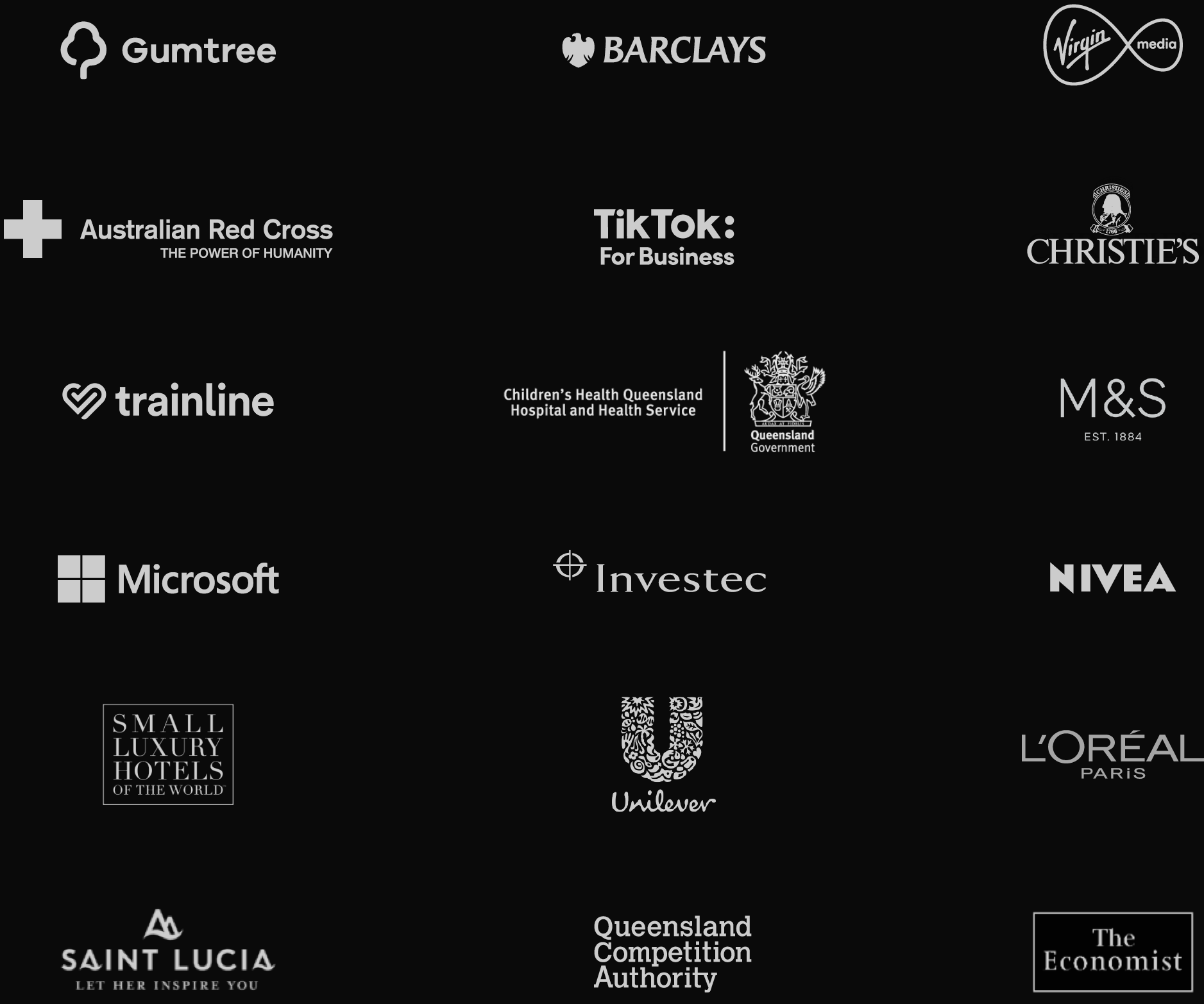 collection of brand logos; Gumtree, Barclays, Virgin, Australian red cross, TikTok, Christie's, Trainline, M&S, Microsoft, Investec, Nivea, Small Luxury Hotels, Unilver, L'Oreal, The Economist
