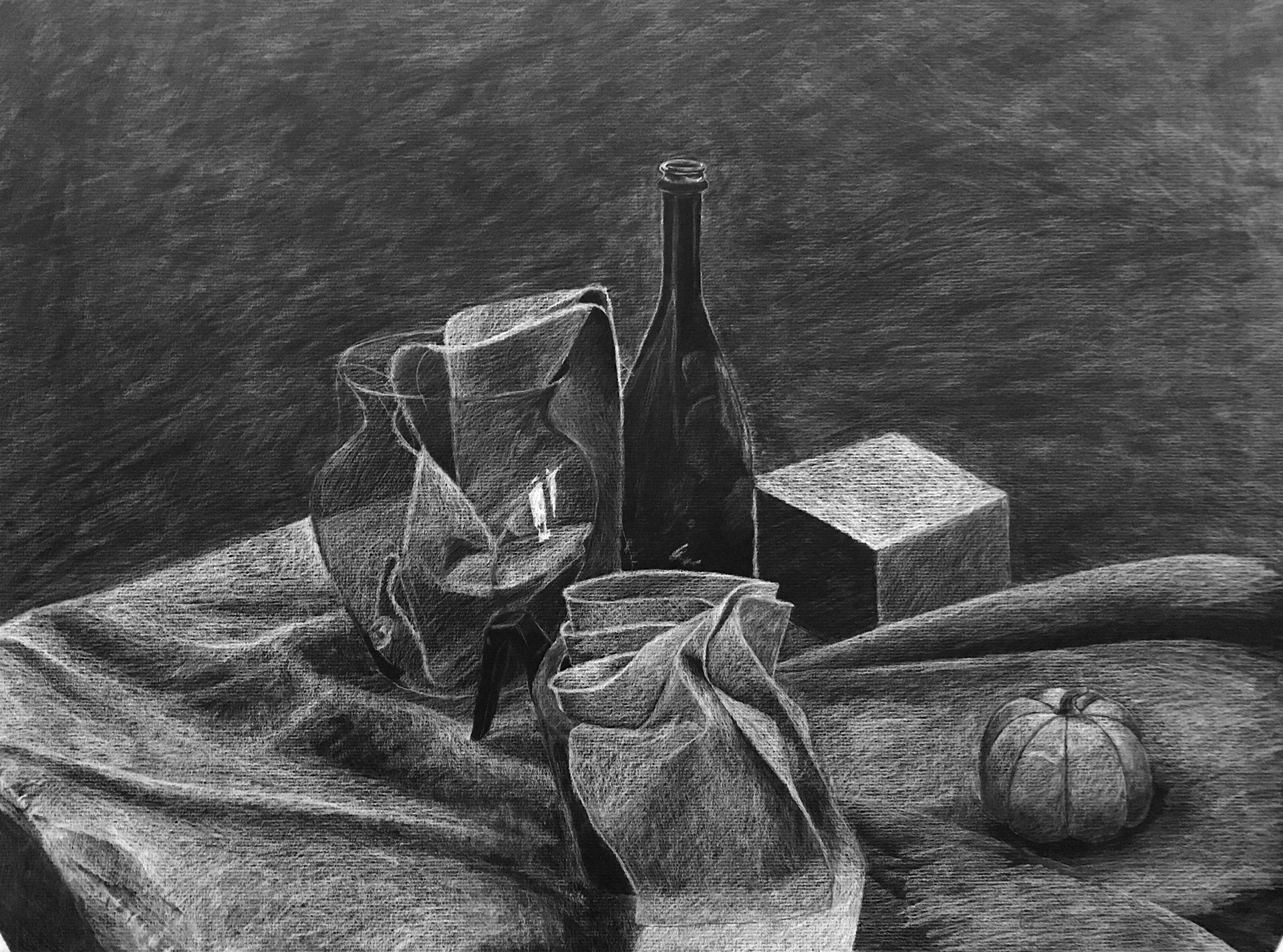 Still Life on Black Paper with White Charcoal