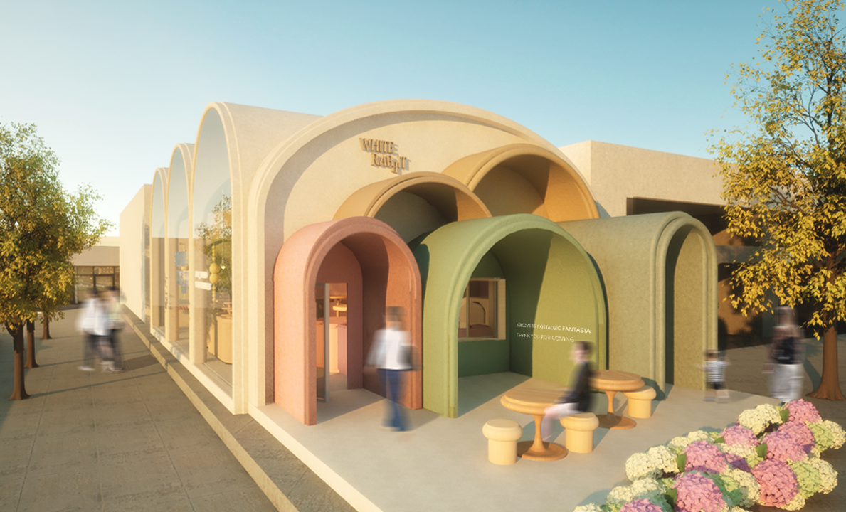 Rounded forms, pastel tones, and layered arches create a dreamlike environment rooted in nostalgia rather than literal branding.