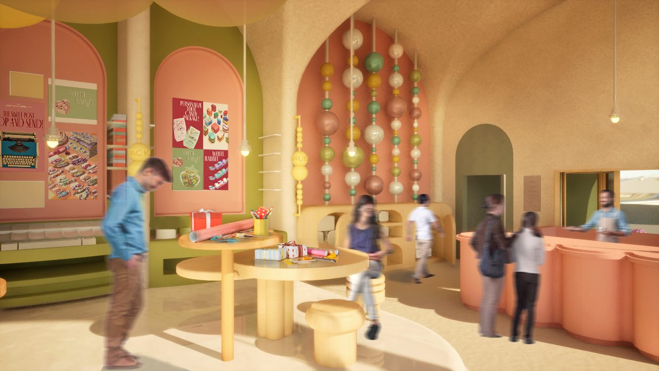 Packaging, counters, and seating are designed to slow down the act of gifting—turning purchase into a personal and emotional exchange.