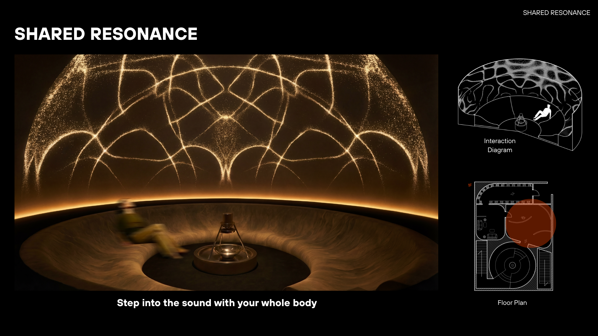 Shared Resonance: collective listening space. Visitors sit or recline on circular seating which is embedded with subsonic resonators. So when sound plays, people actually feel the vibrations through resonators.