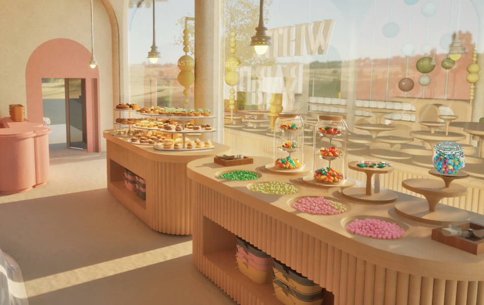 Central tables and curved displays encourage browsing, customization, and shared interaction rather than fast consumption.