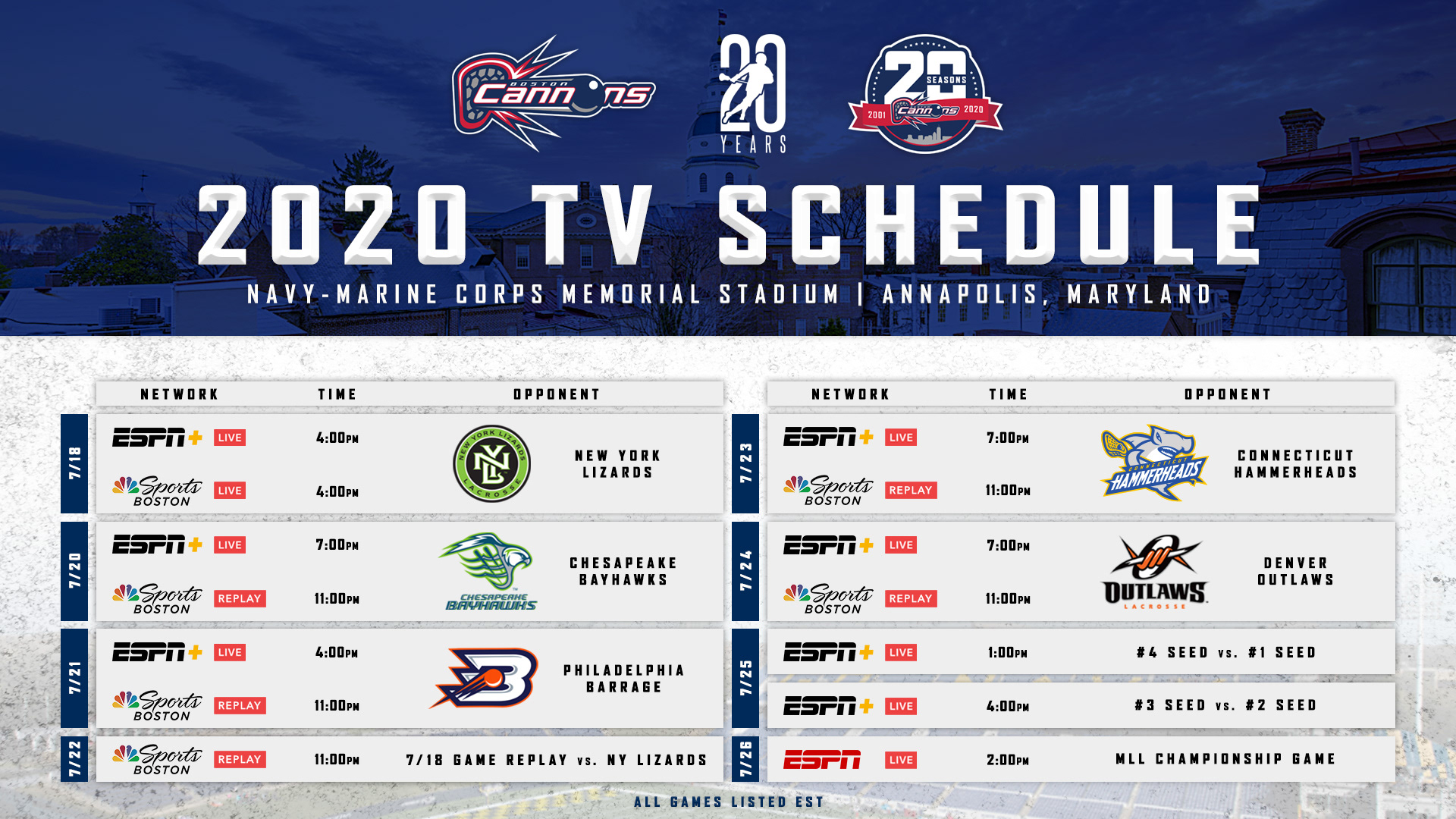 Russell Byron Boston Cannons 2020 TV Schedule