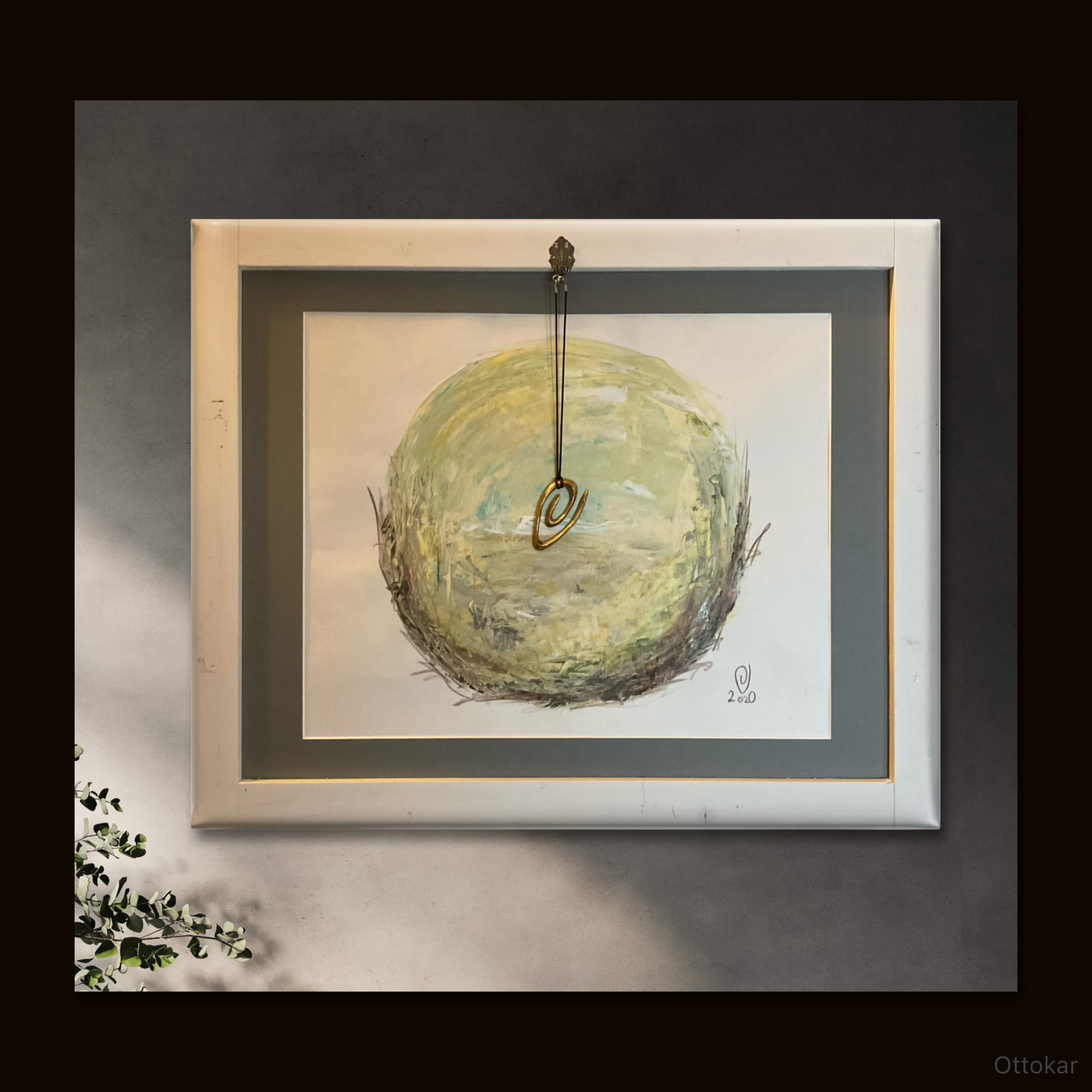 "Sõbrad" 2020; akrüül, värvipliiats, pronksist ehe (pildidlt kergesti eemaldatav ja tagasi pandav); mõõdud: 71 x 57,5cm (koos puitraamiga); hind: 400.- eur