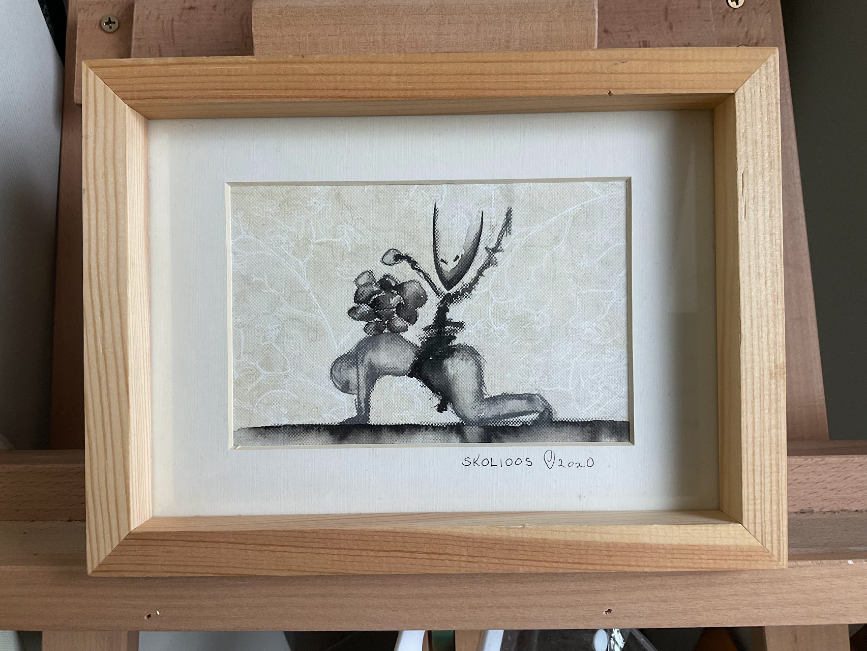 Tindi ja söejoonistus paberil; 23cm x 17 cm (koos raamiga); 150.- eur