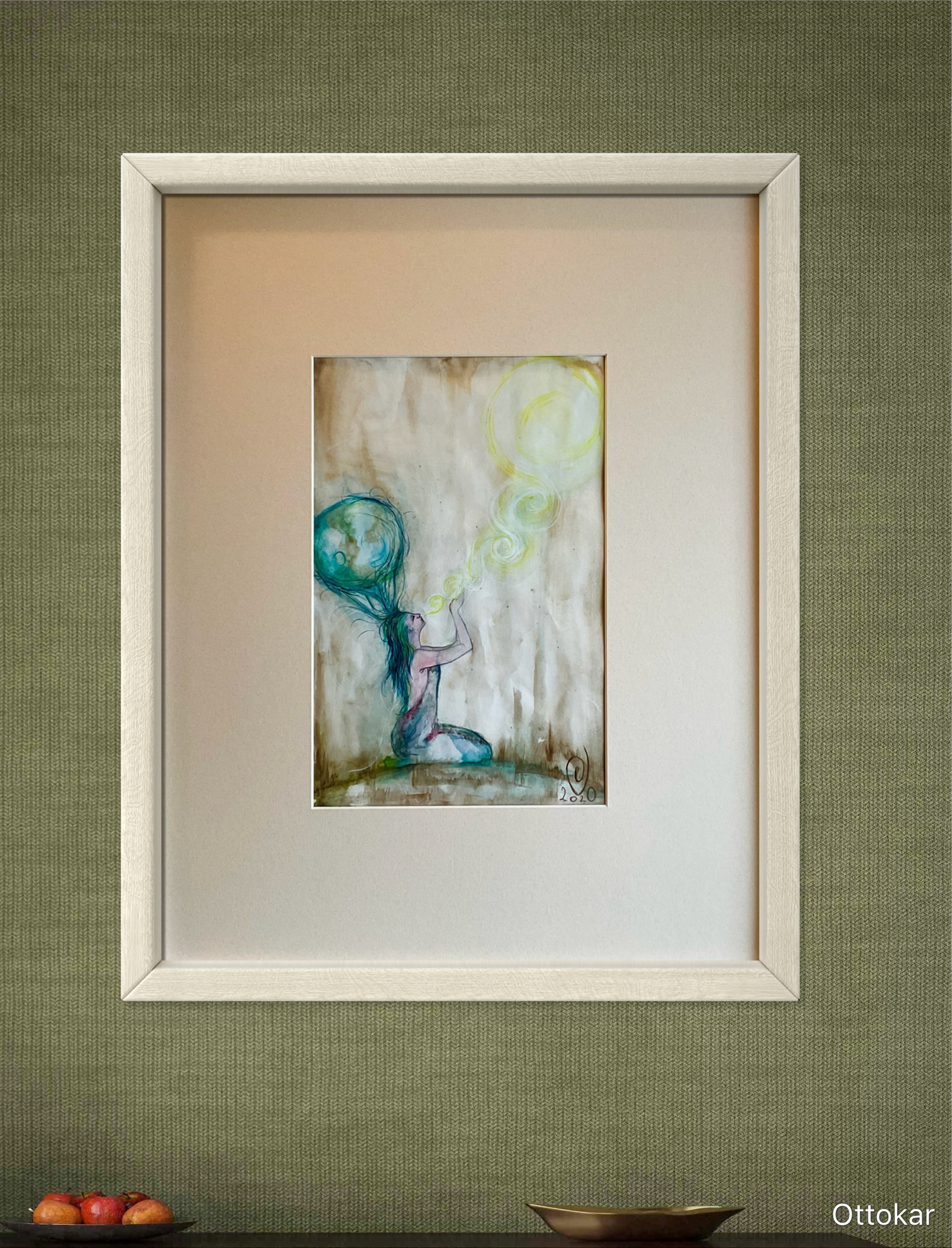 "Maailma loomine" 2020; akvarell; mõõdud: 57,5 x 71cm (koos puitraamiga); hind: 350.- eur