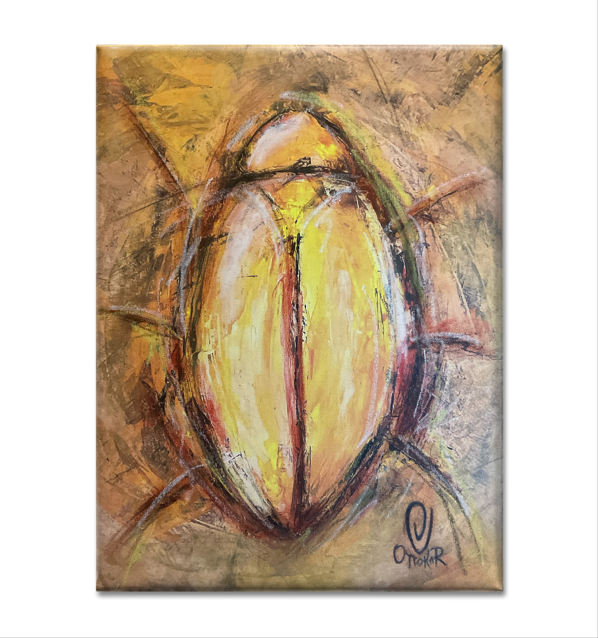 "Rõõmumardikas" Trükitud lõuendile, edasitöötlus pastellide, vildikate ja akrüüliga 2023, viimistlus akrüüllakiga; mõõdud: 39 x 53 cm; hind: 100.- eur