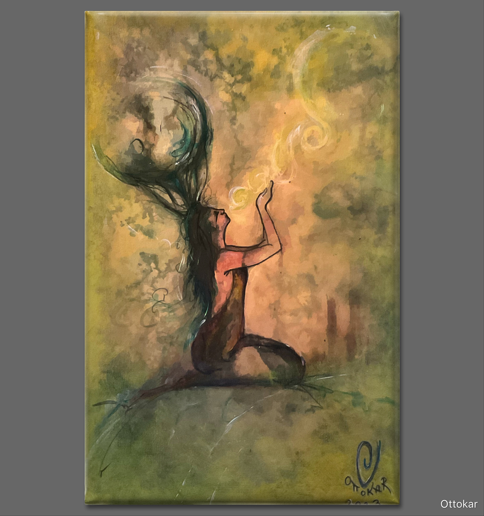 MÜÜDUD "Maailma loomine" Trükitud lõuendile, 2023, edasitöötlus, vildikate ja akrüüliga, viimistlus akrüüllakiga; mõõdud: 42 x 64 cm; hind: 100.- eur