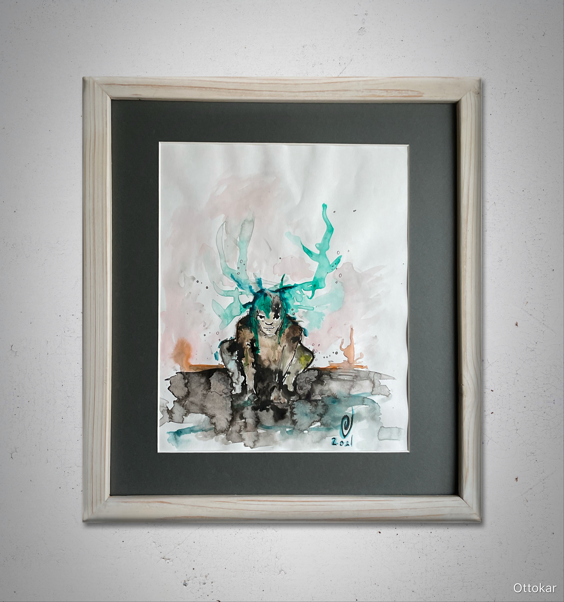 "Metslane linnas" 2021; akvarell, tint; mõõdud: 41,5 x 46,5cm (koos puitraamiga); hind: 300.- eur