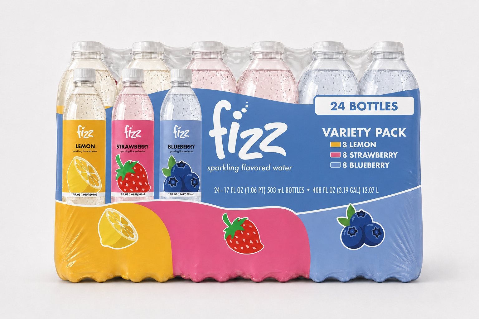 Front view of a Fizz 24-bottle shrink-wrapped variety case featuring three flavors.