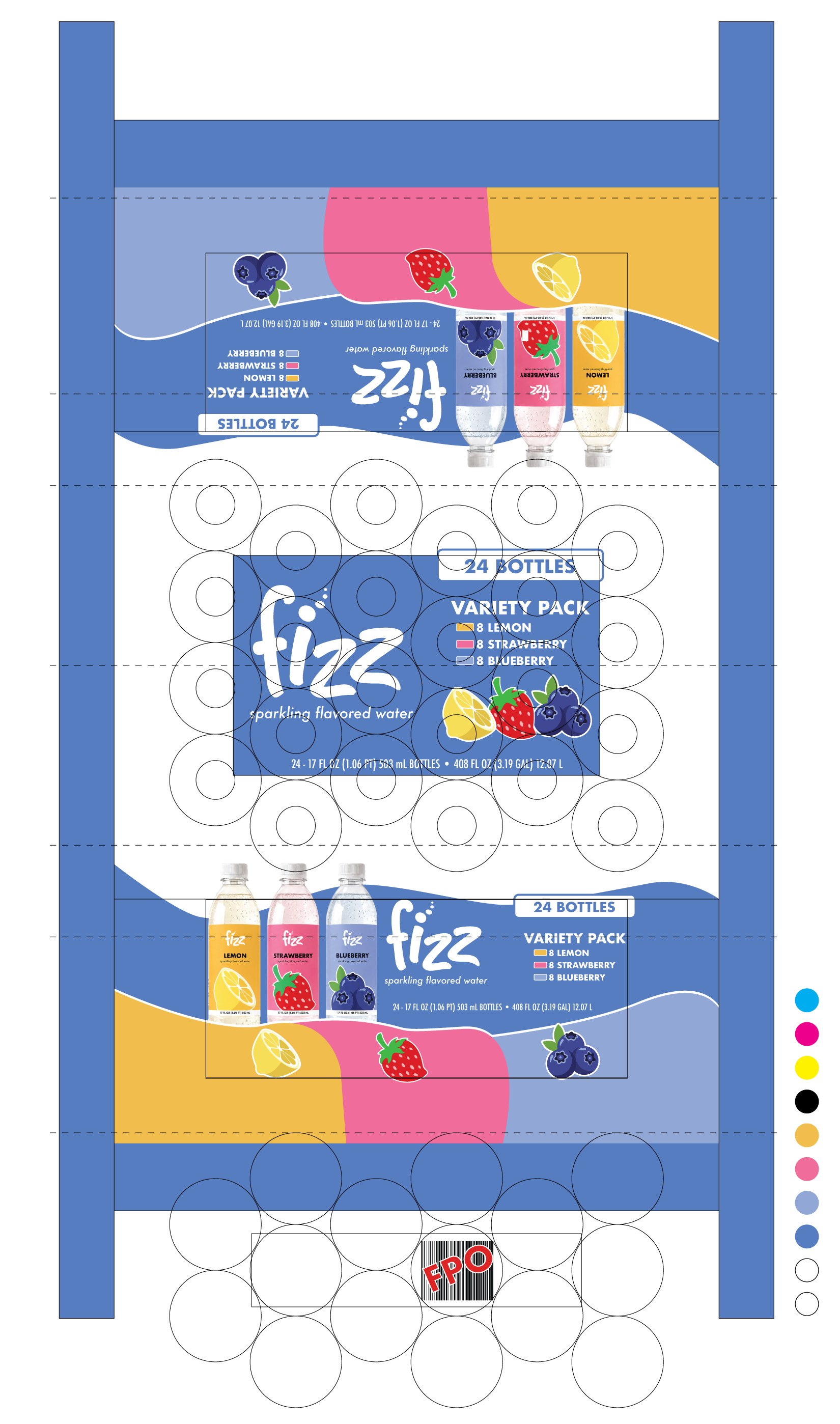 Flat shrink-film artwork mapped to folds, bottle positions, distortion zones and print-production specifications.
