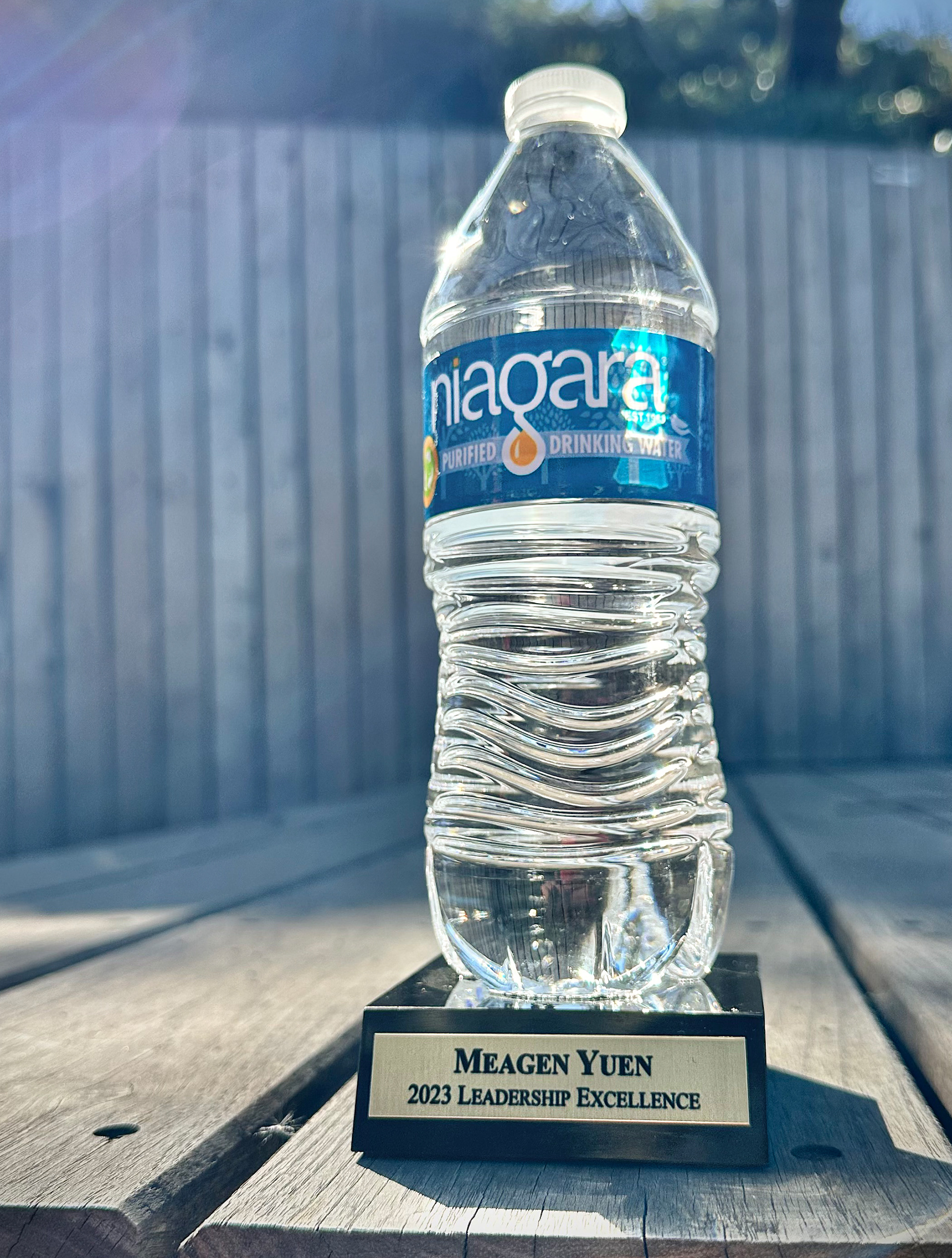 Bottle-shaped 2023 Leadership Excellence Award presented to Meagen Yuen.