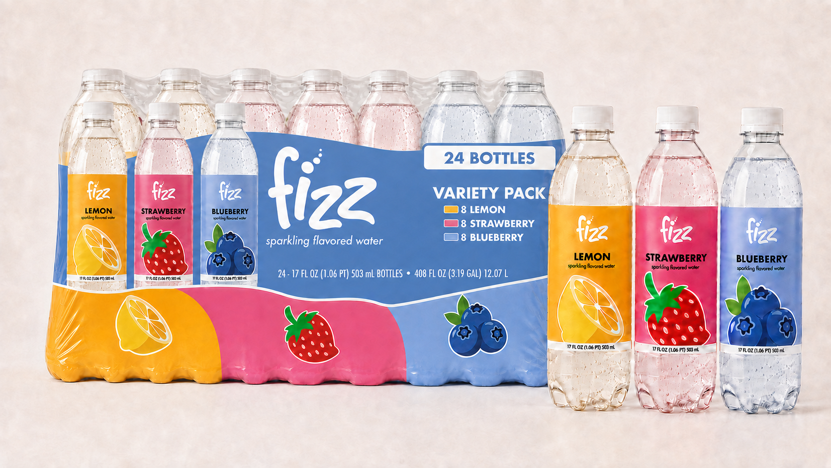 Fizz sparkling flavored water family featuring Lemon, Strawberry and Blueberry bottles with a 24-bottle shrink-wrapped variety case.