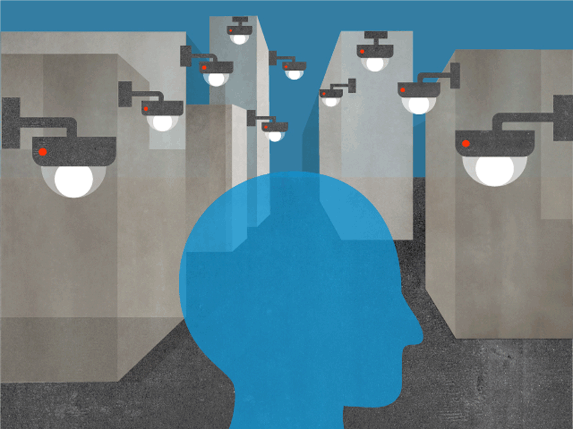 Conceptual editorial illustration of a blue human profile surrounded by surveillance cameras, with dotted lines connecting cameras to points inside the head, representing facial recognition and digital surveillance.