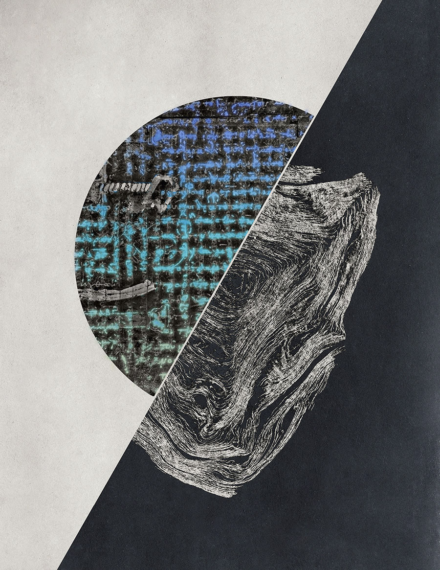 Conceptual editorial illustration for The New Yorker combining geometric forms, textured collage, a carbonized Herculaneum scroll, and digitally revealed ancient writing, representing technology used to uncover texts buried by Mount Vesuvius.