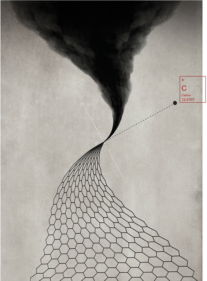 Conceptual science illustration of graphene transforming from a hexagonal carbon lattice into a dark plume, using minimal geometric forms and textured collage to visualize the structure and properties of the material.