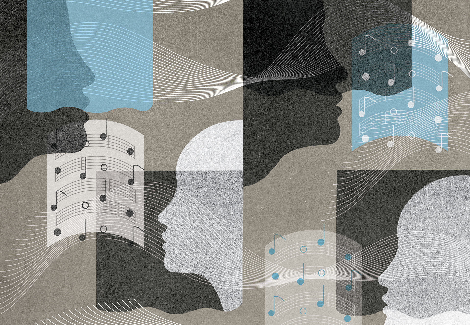 ditorial illustration for The New York Times showing overlapping human profiles, flowing lines, and musical notes representing racial equity in classical music blind auditions.