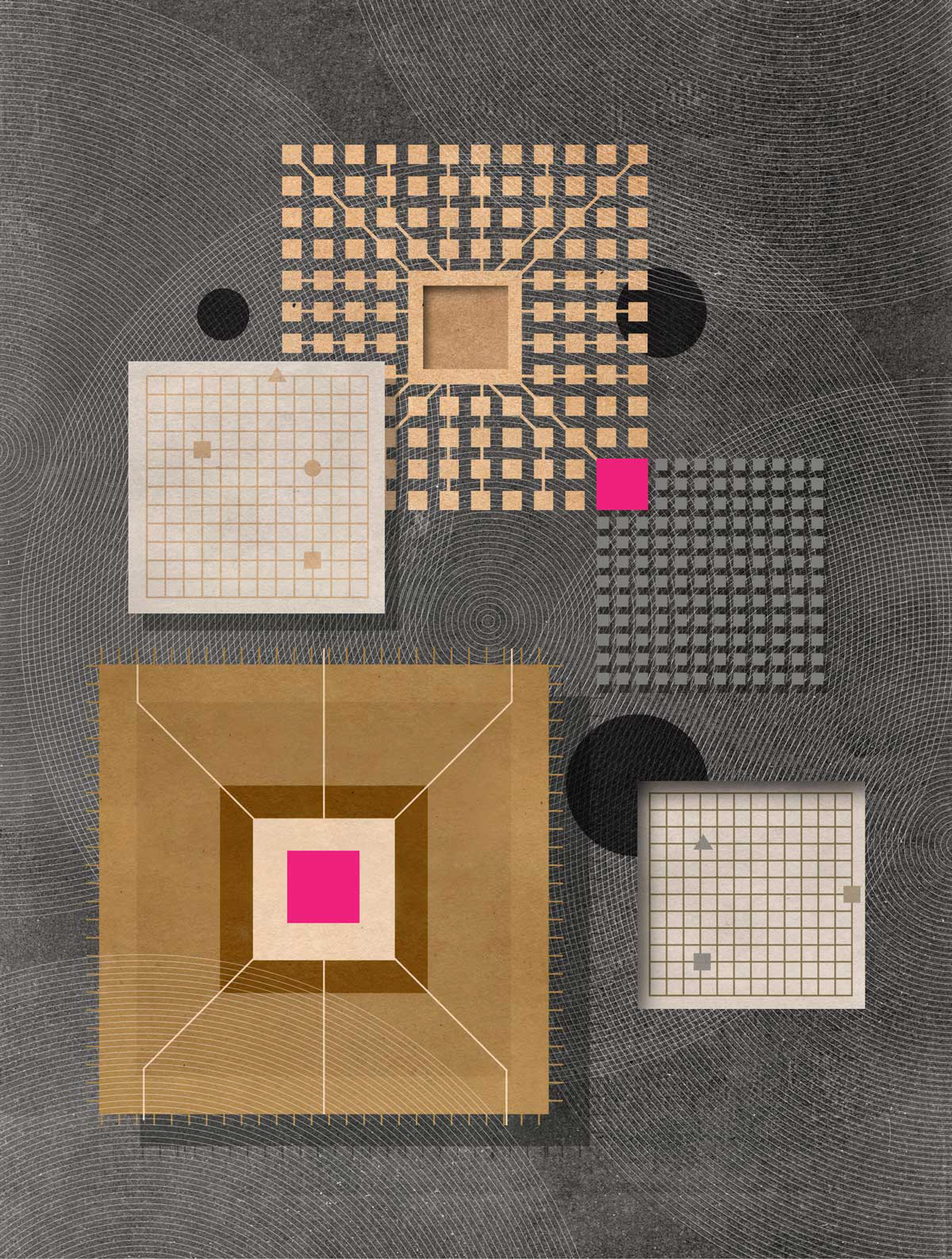 Abstract editorial illustration of computer chips and circuit-like grids connected by flowing fine-line patterns, using geometric forms and textured collage to visualize neuromorphic computing and brain-inspired technology.