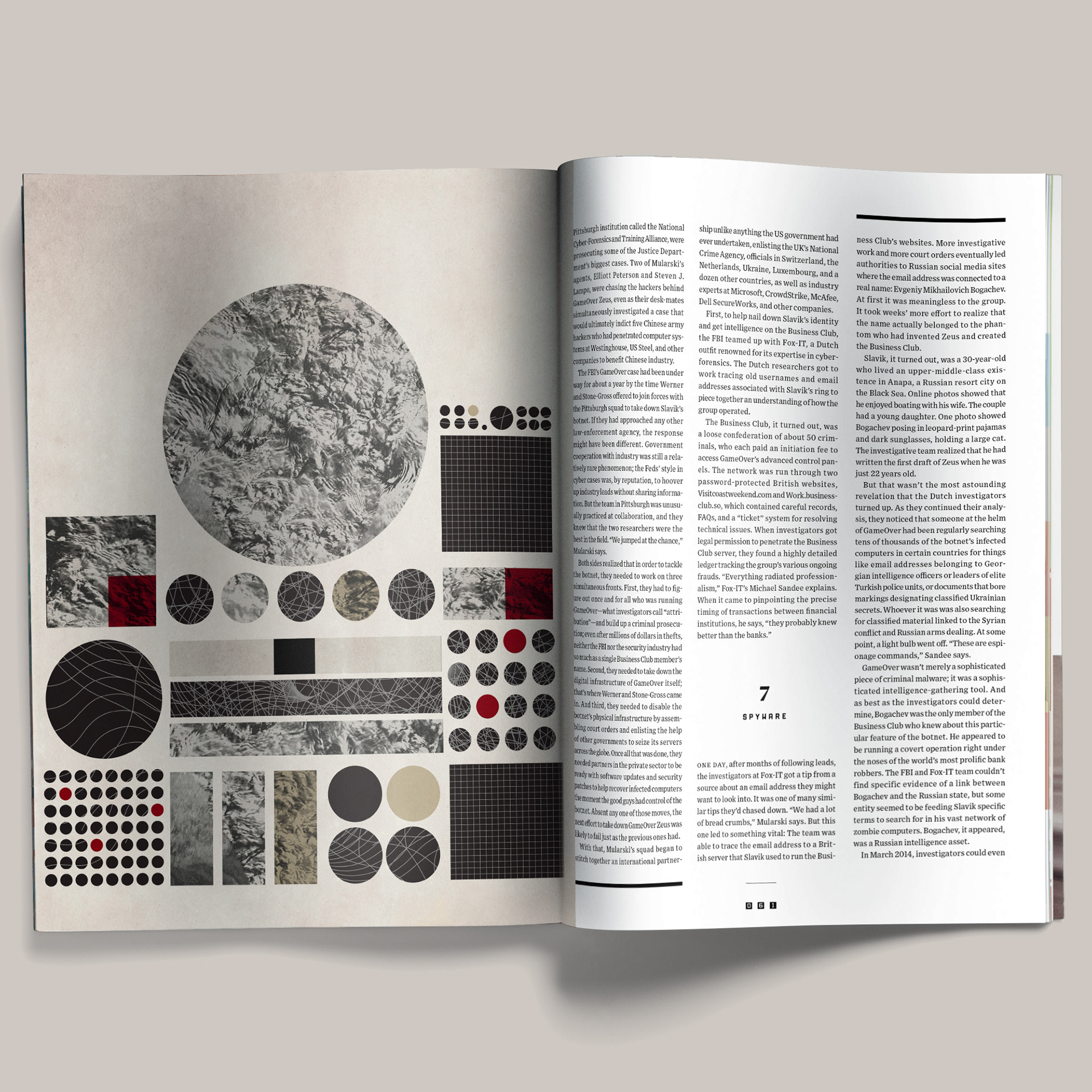 Wired editorial illustration using map textures, grids, circles, network patterns, and geometric data forms to visualize cybercrime and digital investigation.