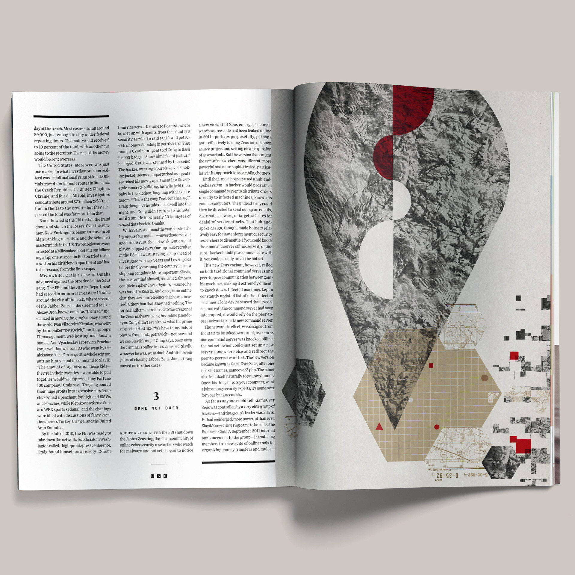 Editorial illustration for Wired combining an abstract human profile with map textures, geometric forms, and fragmented digital imagery representing cybercrime and hacker investigations.