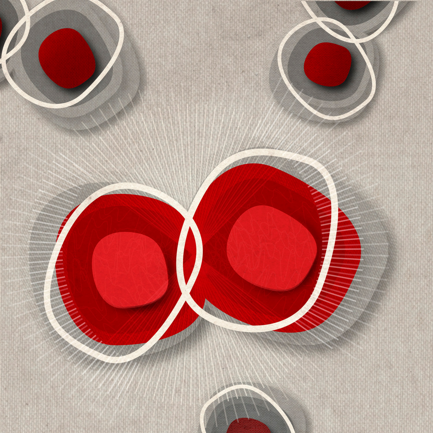Conceptual medical illustration for The New Yorker about antibiotic-resistant gonorrhea, depicting abstract red bacterial cells multiplying and overlapping.
