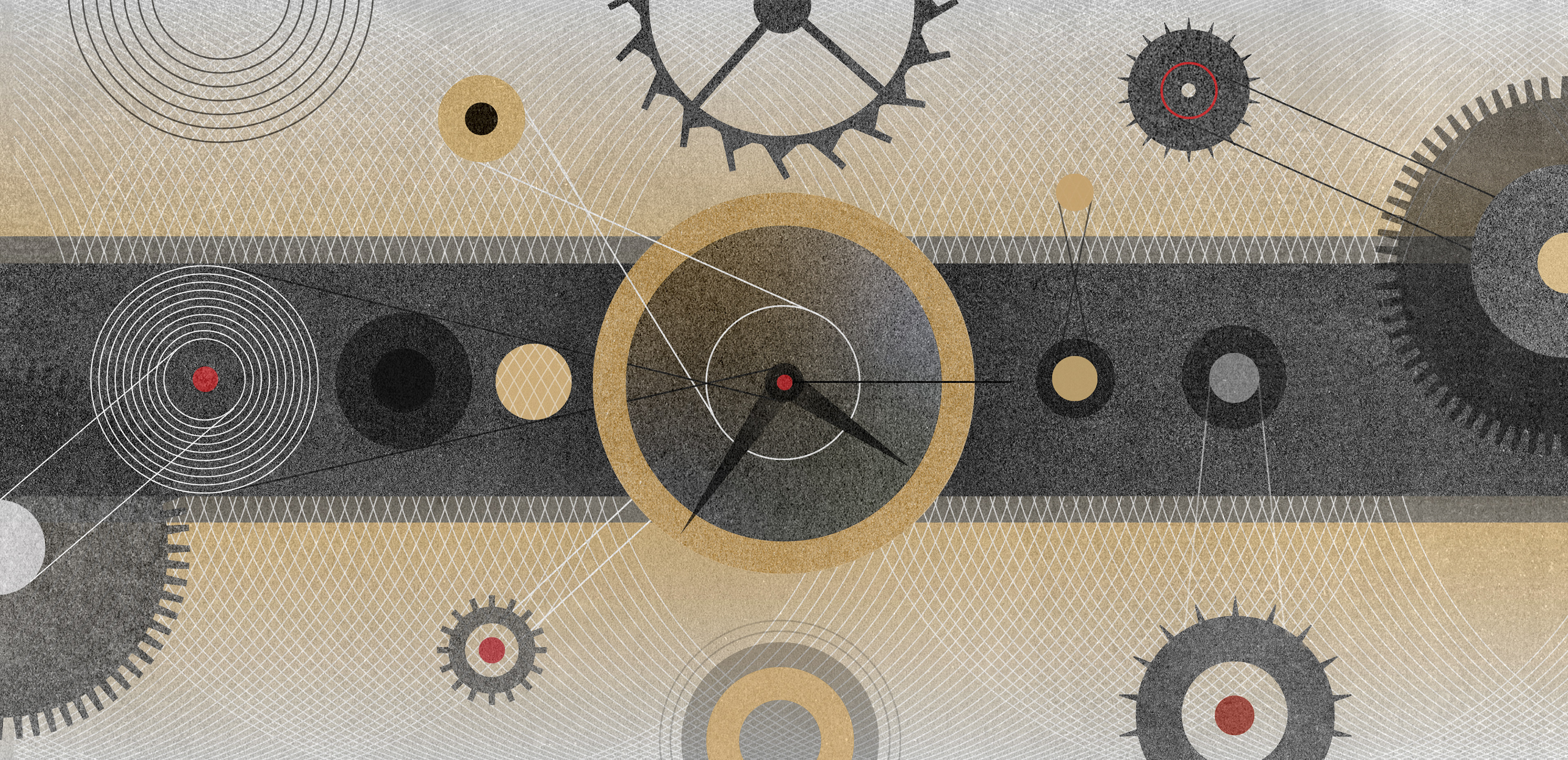 Conceptual editorial illustration about precision mechanical watches, using abstract gears, clock hands and geometric forms to visualize timekeeping.