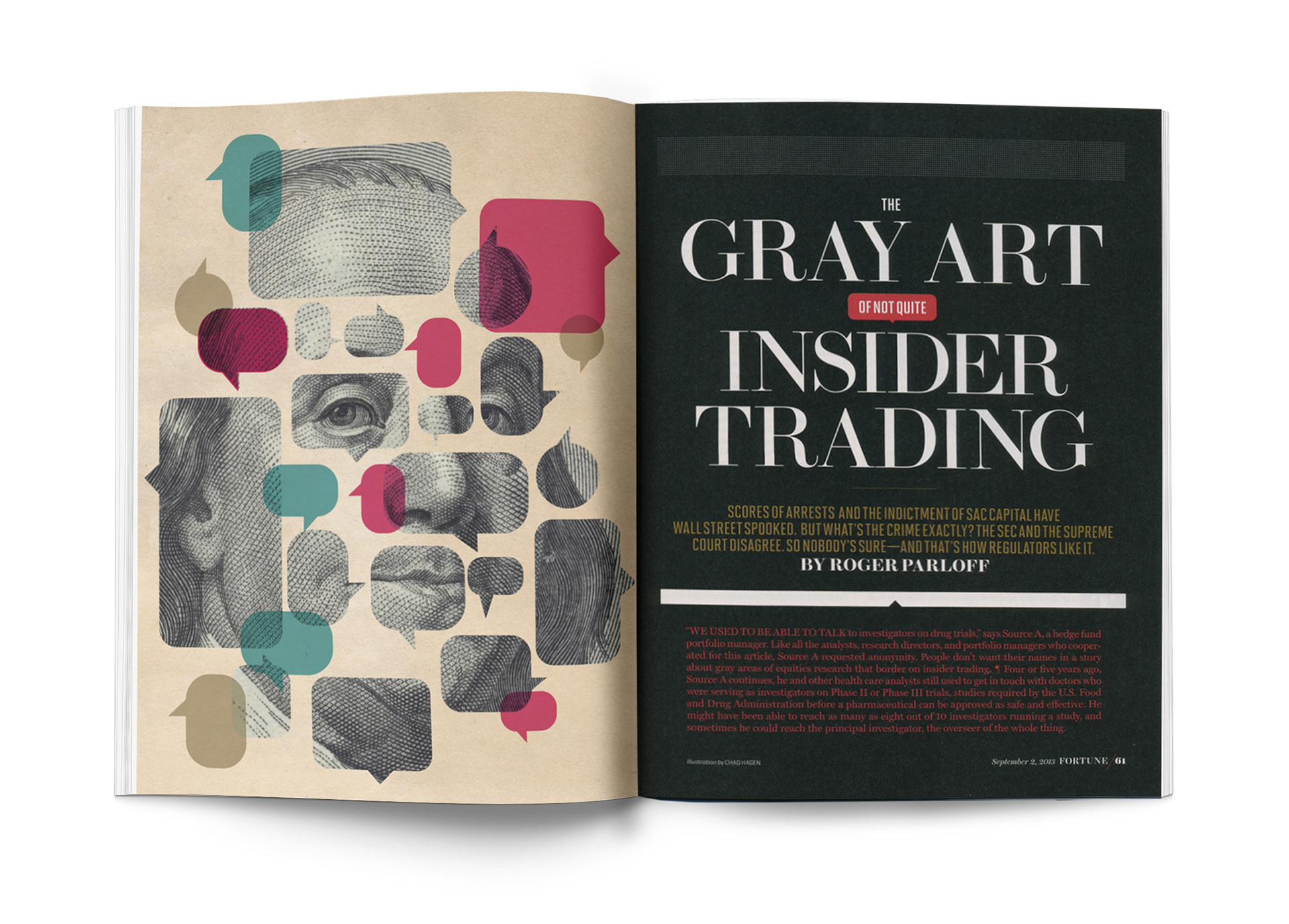 Conceptual editorial illustration about insider trading, combining fragmented banknote-style engraved portraiture with overlapping speech bubbles and geometric forms to represent communication, information sharing, and financial secrecy.