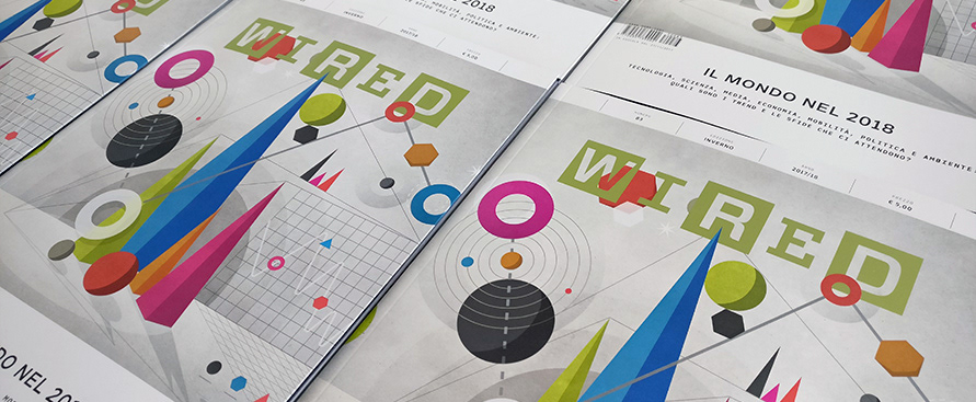 Wired Italia technology issue featuring Chad Hagen’s colorful geometric cover illustration, shown across multiple printed magazine covers.