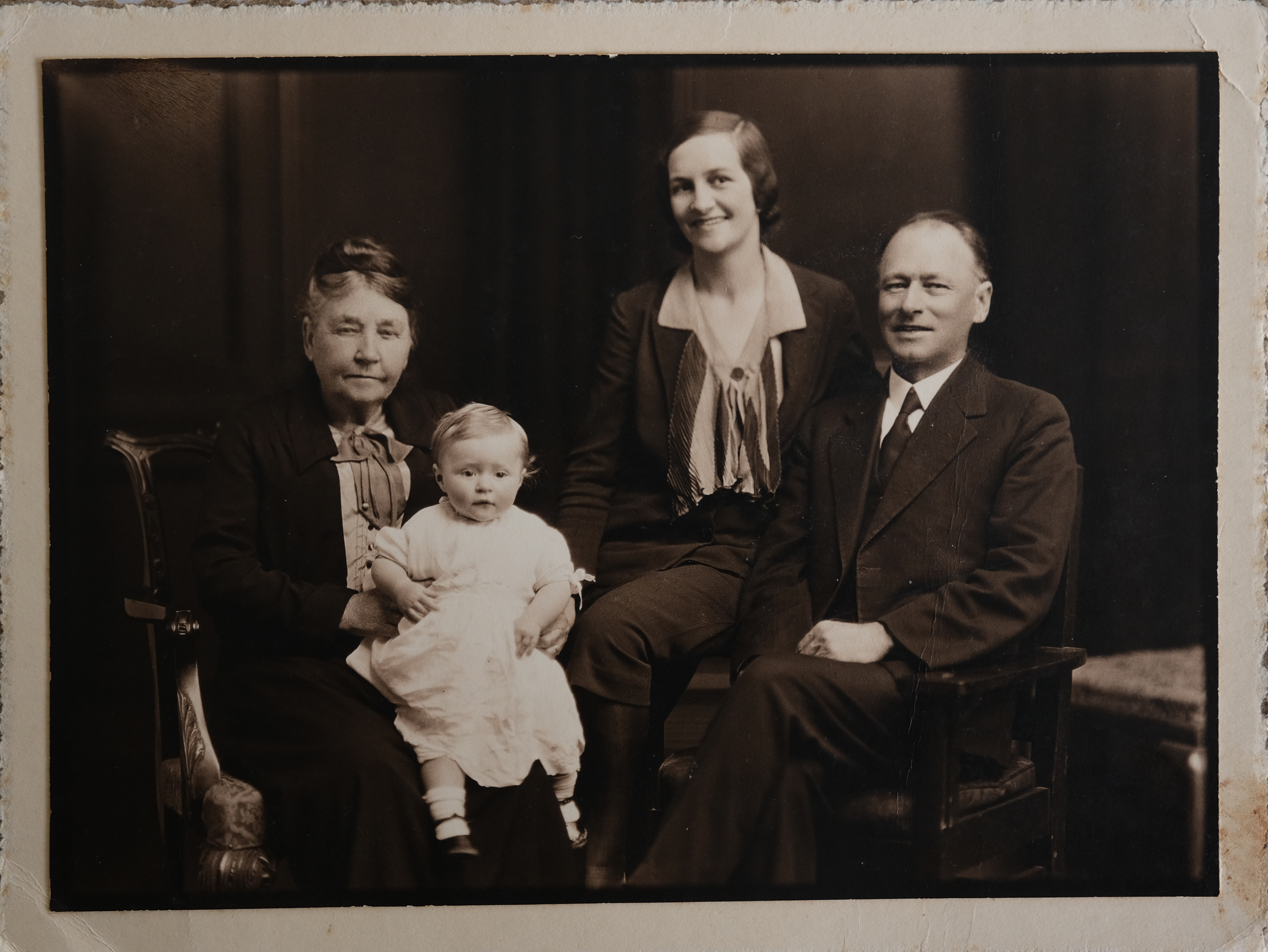 Four generations of the Yeo family in 1931. From left: Elizabeth Jane Yeo (née Garden), Margaret Fay Chapman (née Lewis), Eileen Mary Lewis (née Yeo), and John Charles Yeo. Fay is twelve months old in this photo.