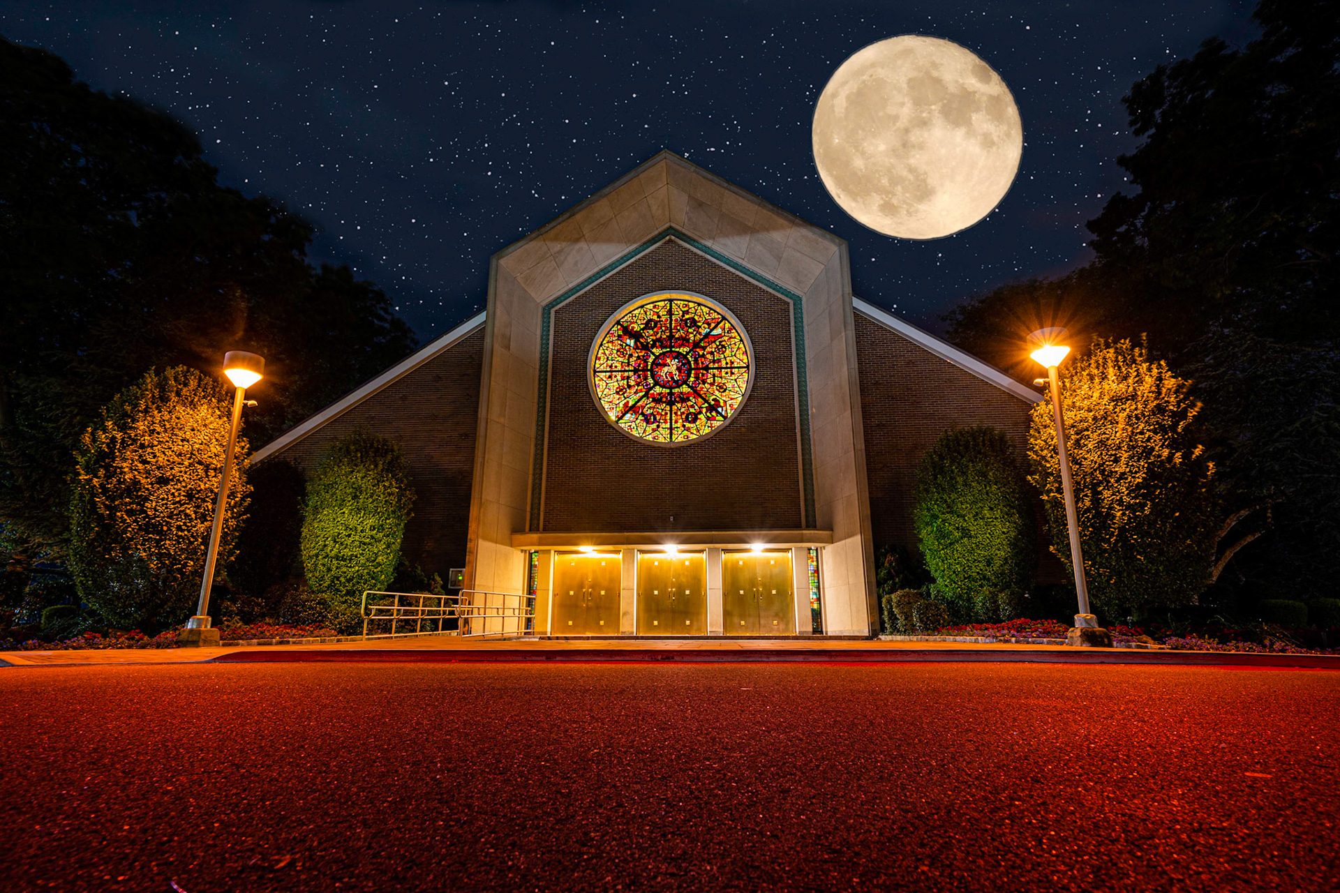 St Rose Roman Catholic Church located in Massapequa NYThis is the Church I go to every Sunday.  I love the Stained Glass window but its seldom lit at night.  This night I got lucky.  As I was passing I noticed the lights on and decided to stop and take a few imagesShot from a low angle as only @platypod can do. Sony A7M3Sony 12-24mm F4 lens at F22ISO set at 100Street painting, Moon and stars compliments of PhotoshopOther adjustments made in Lightroom Classic.Comments welcomeIf You Like What You See Please Follow Me!Prints and Images available#NotYourAvgPhotoJoeAlso Follow @notyouravgjoe.neon#MadeWithPlatypod#church #churches #churchesofinstagram #churchesoftheworld #catholicchurch #catholicchurches #catholichurch #romancatholicchurch #catholic #catholicism #romancatholic #rcchurch #architecture