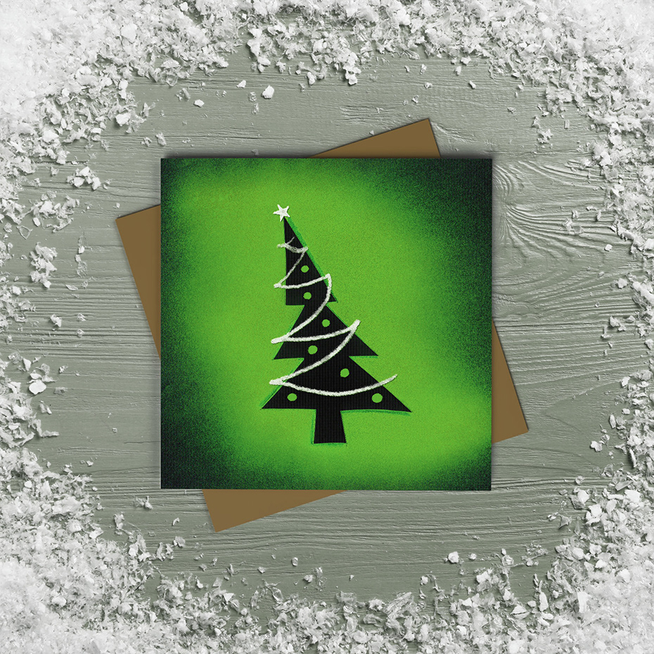 Bold green & black sprayed Christmas tree card