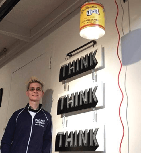 2015 Julie at Art Show in Chicago with Hand Painted THINK and Paint Bucket Light