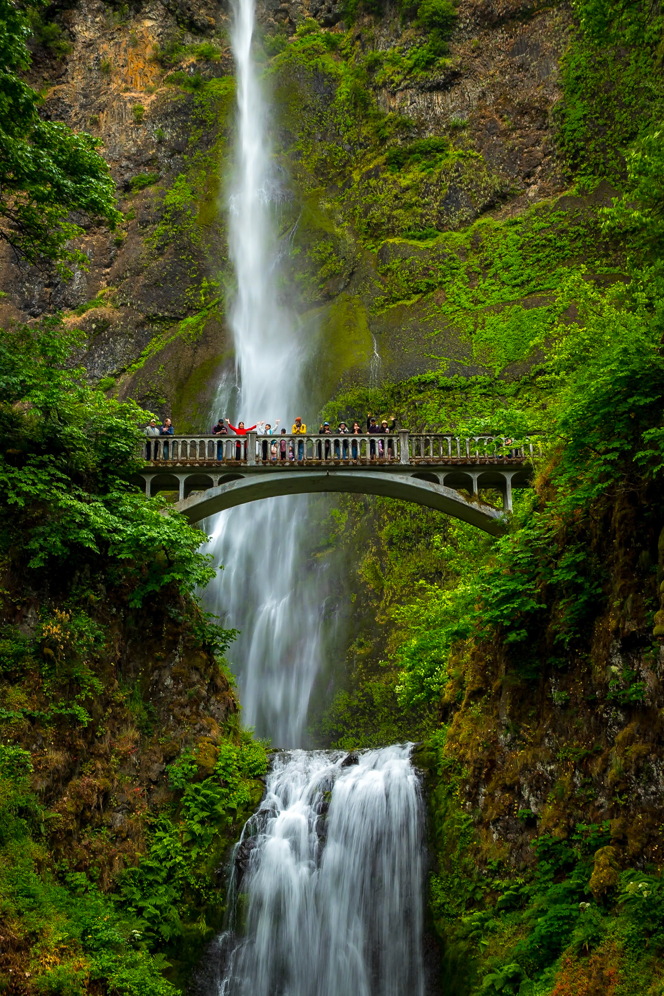 Water flows powerfully from the heights of Multnomah Falls, surrounded by lush greenery and rocky cliffs near the Columbia River Gorge.