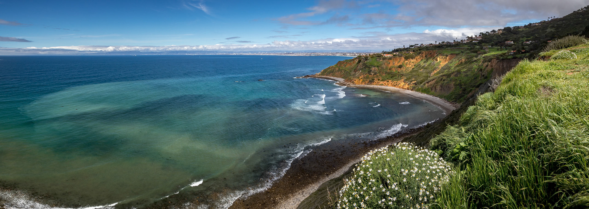 Vivid Southern California coastal view of tall, grass covered cliffs of Bluff Cove with blue and turquoise  water, Palos Verdes Estates, California