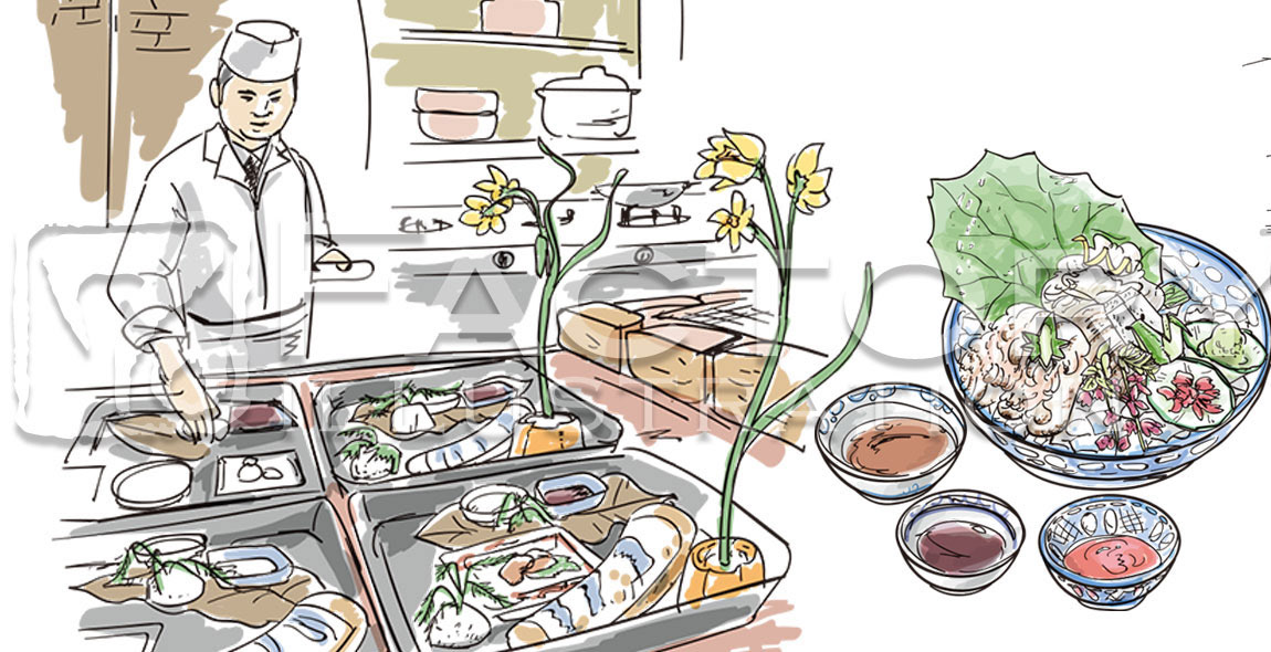グルメ雑誌「あまから手帖」記事用イラスト 料理&店内風景イラスト(Adobe Illustratorによる手描き風イラスト)