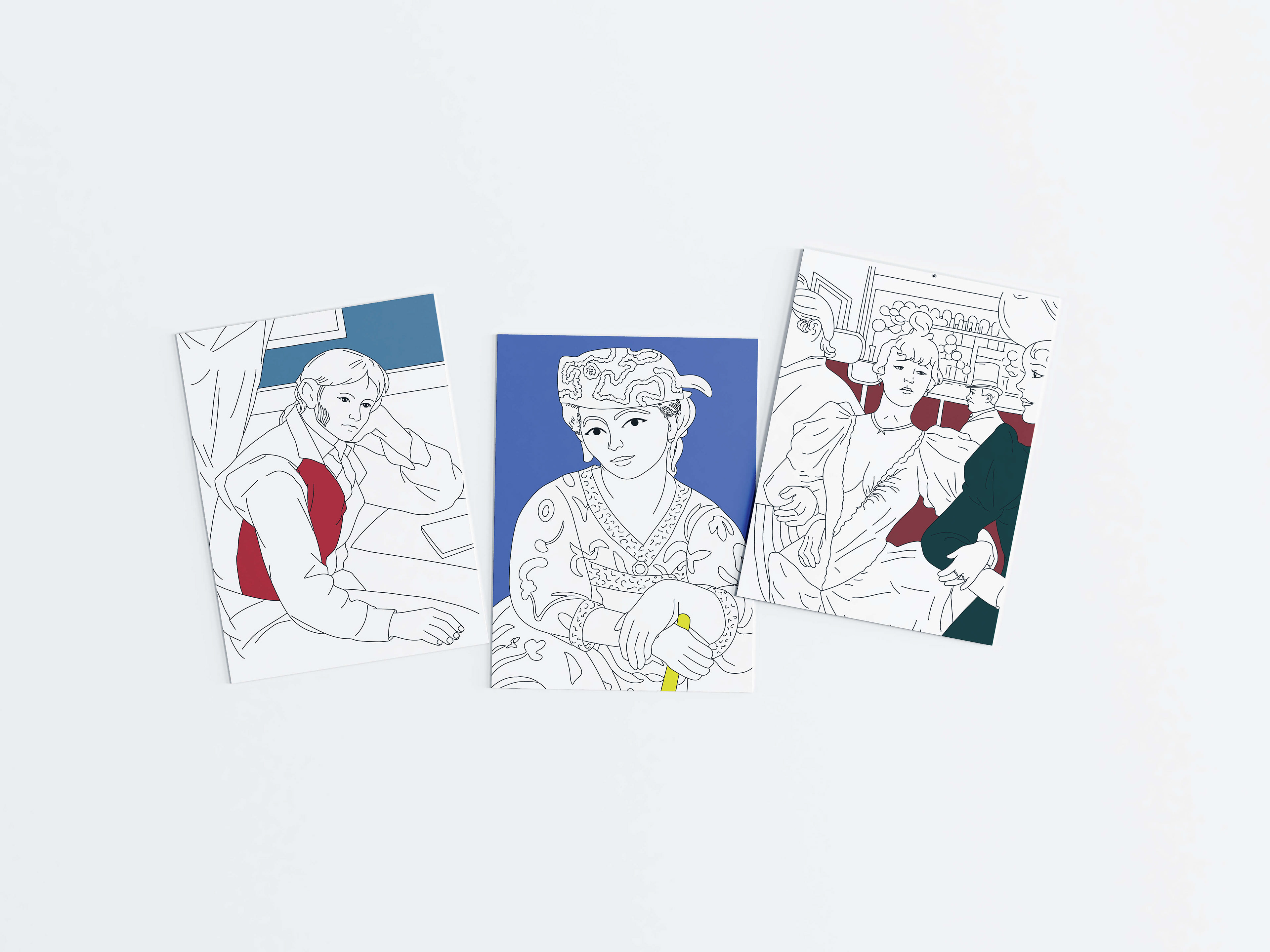 Création graphique d'une collection de cartes à colorier autour de Matisse, Vermeer, Cézanne et Toulouse-Lautrec. Editorial design for an art activity card collection inspired by great painters.