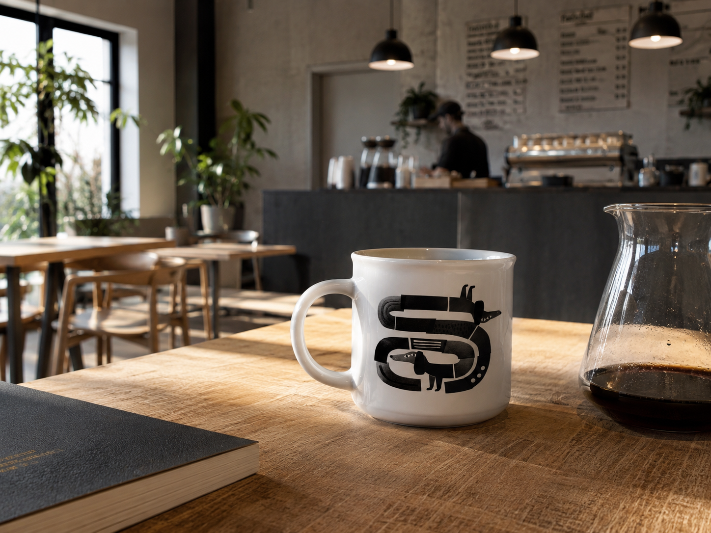 Mug illustré avec deux chiens dans un coffee shop