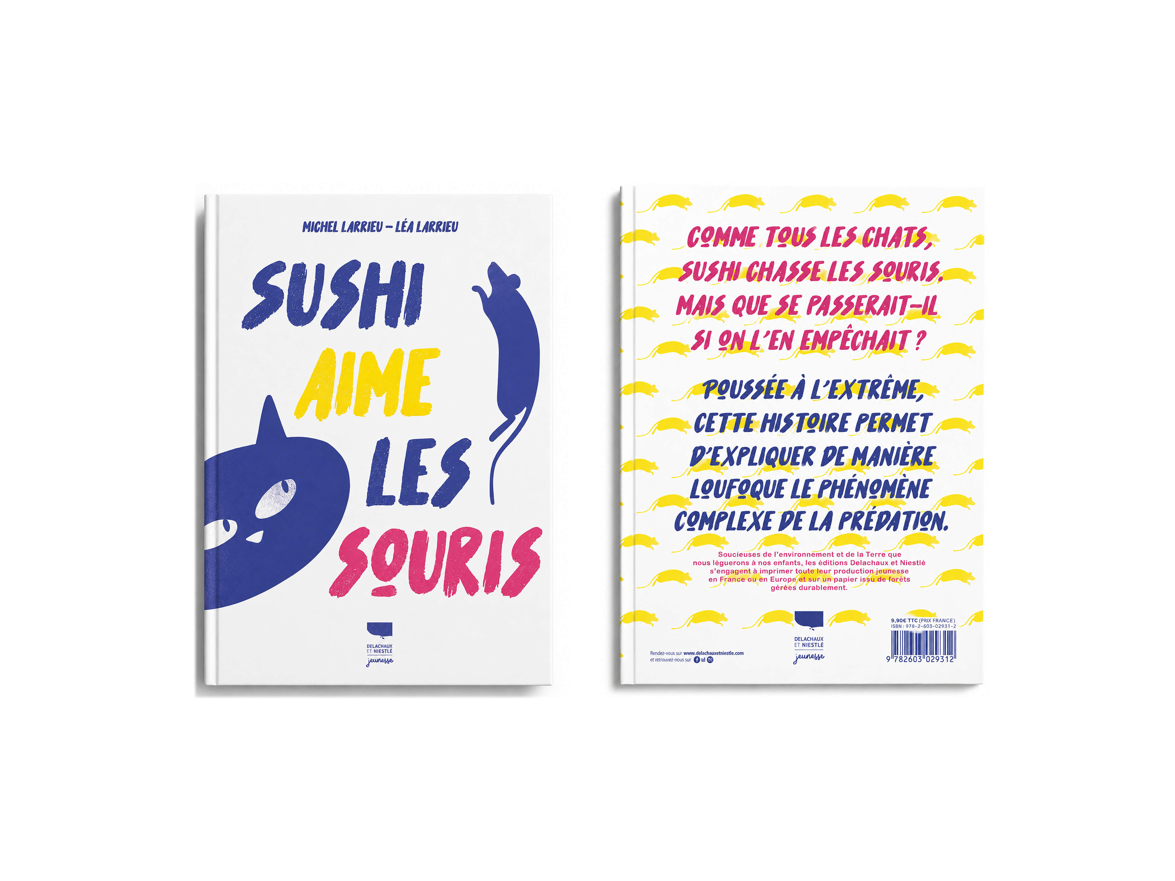 Couverture de l'album jeunesse Sushi aime les souris illustré en papier découpé. Paper cut illustrated children's picture book Shushi loves mice.