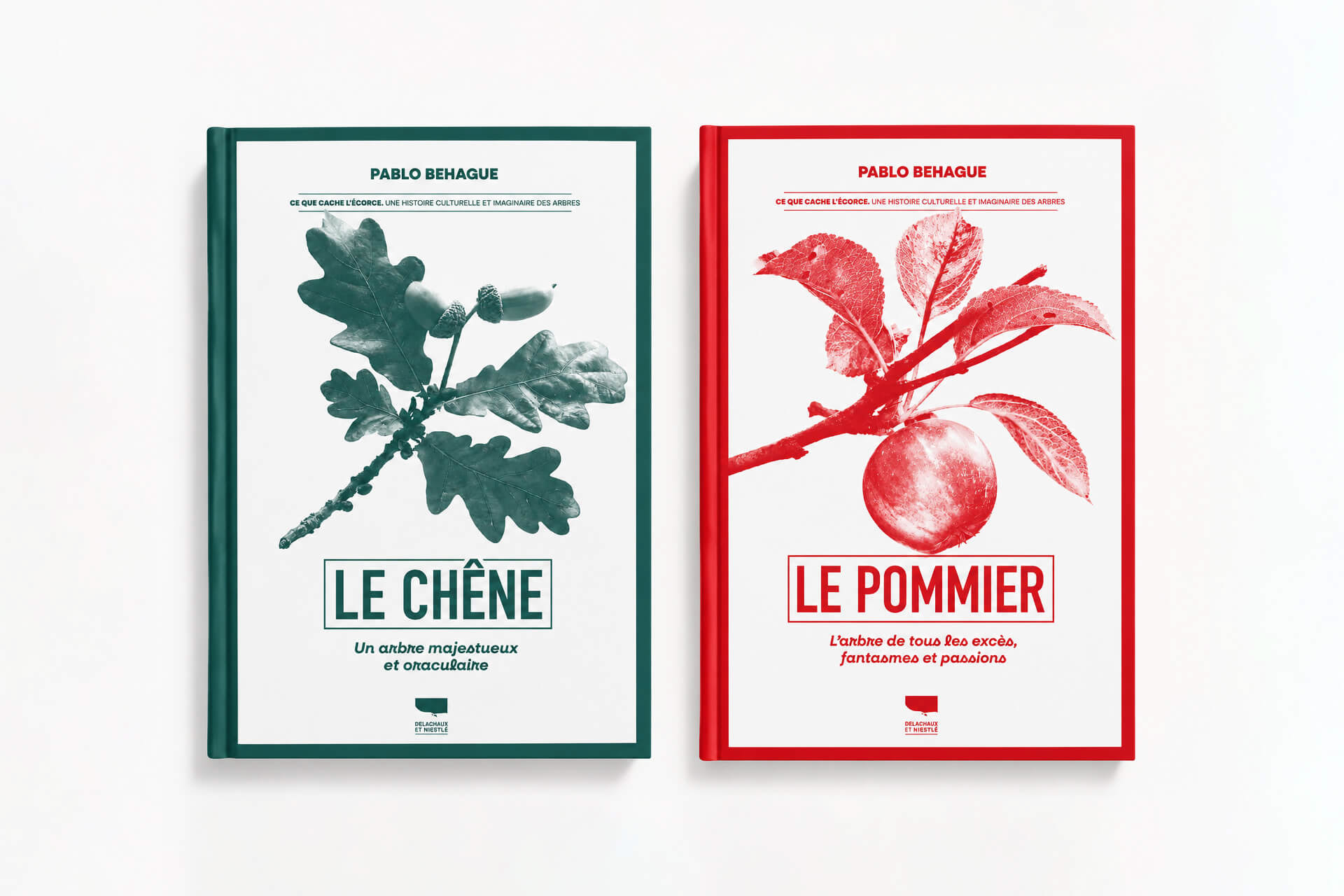 couvertures de deux livres sur les arbres, design graphique éditorial, charte graphique pour une édition naturaliste. Covers of two books about trees, editorial graphic design, and visual identity for a nature publishing collection.