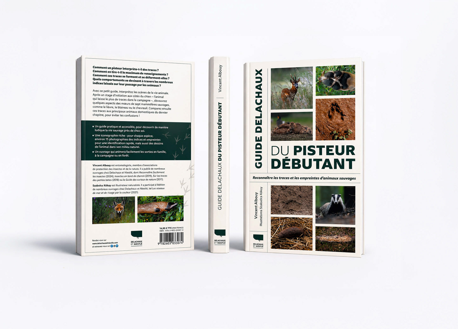 Création graphique, design éditorial et mise en page du Guide du pisteur débutant, un ouvrage naturaliste consacré à l’identification des traces, empreintes et indices laissés par les animaux sauvages. Le projet associe photographies, contenus pédagogiques et hiérarchisation visuelle pour faciliter l’apprentissage sur le terrain.  Editorial design and page layout for a wildlife tracking guide dedicated to identifying animal footprints, tracks and signs in nature. The project combines photography, educational content and visual hierarchy to create an accessible field guide for beginners.
